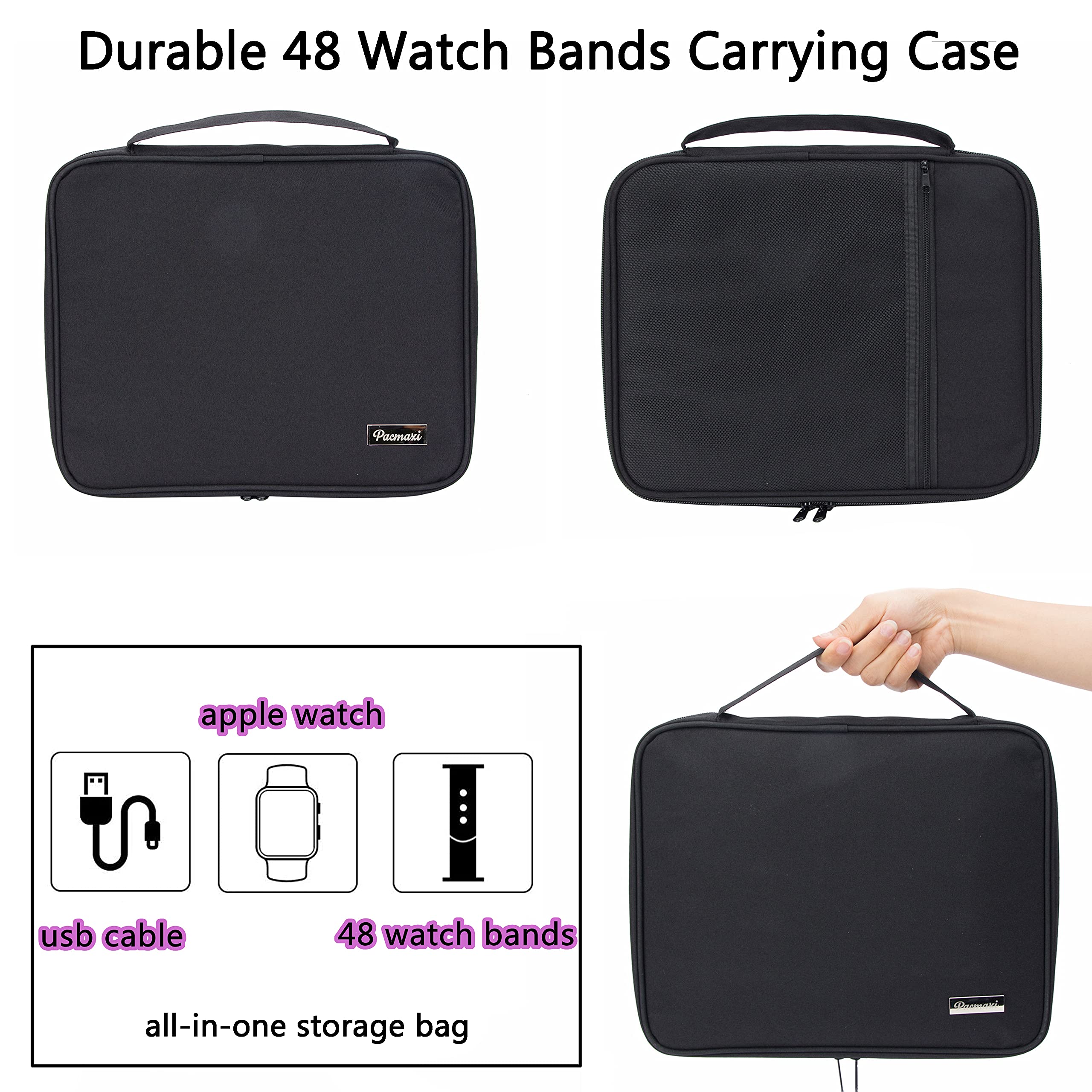 PACMAXI 48 Watch Bands Storage Organizer Bag - Premium Watch Band Carrying Case Fits Most Apple Watch Bands & Smartwatch Straps (Holds 48 Pieces, Black) - Perfect for Travel, Home Organization & Watch Collection Display