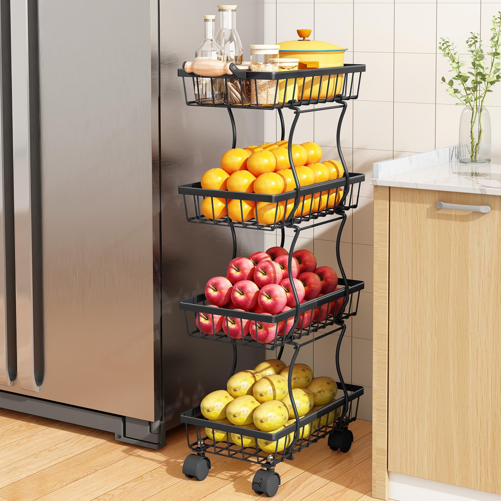 4-Tier Stackable Metal Wire Basket Organizer for Kitchen Pantry - Fruit, Vegetable, Snacks, Jars Storage | Space-Saving Home Organization for Countertop, Cabinet, or Refrigerator | Black