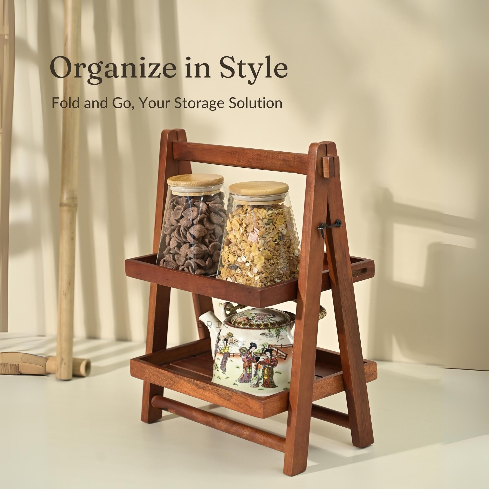 Brick Brown ® Handcrafted Premium Foldable Wooden Organizer with Double Tray | Wooden Grocery Rack - Small Mahogany Rectangular (16x12x8.3 inches) | Perfect for Kitchen Countertops, Pantry Storage & Office Desk Organization