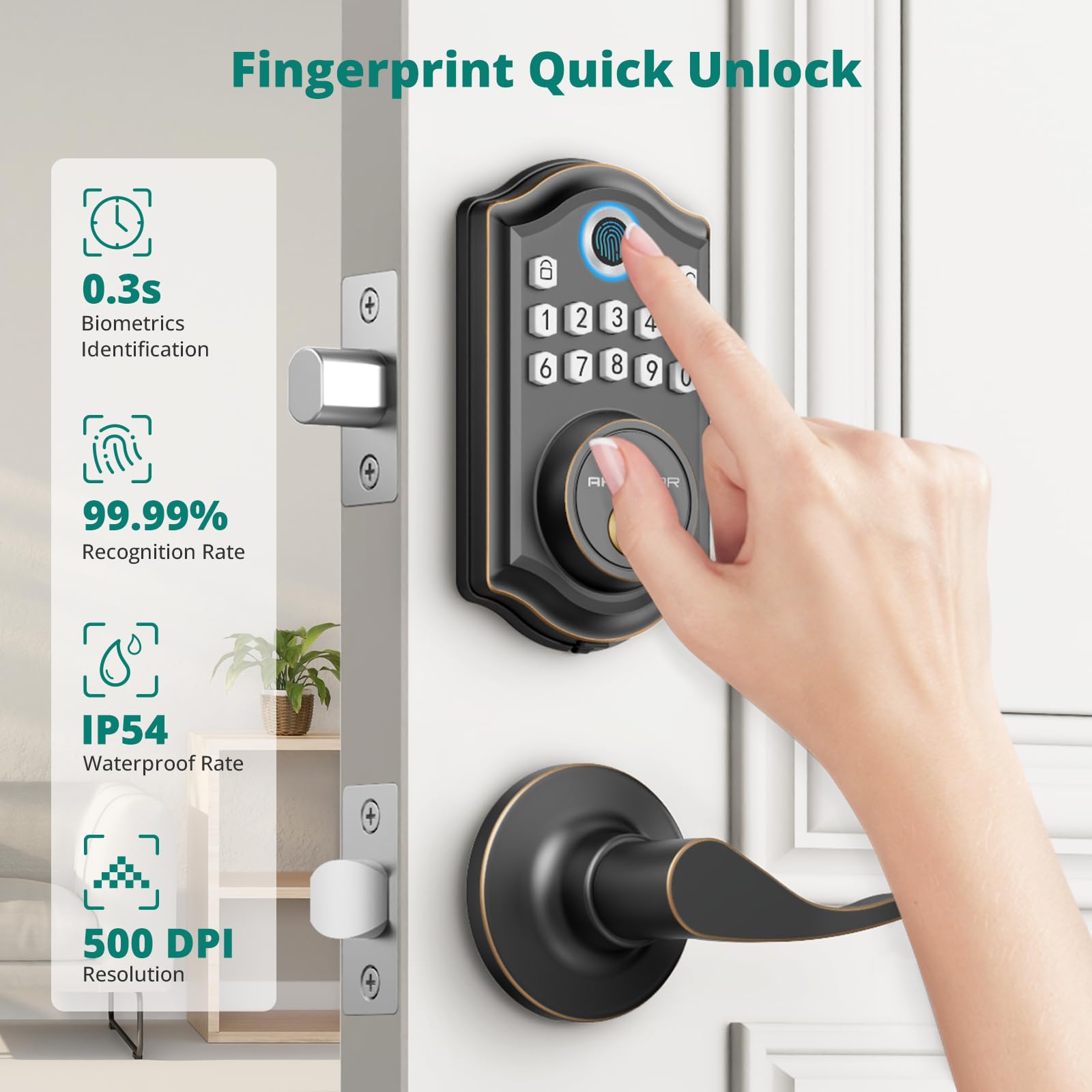 Smart Keyless Entry Door Lock with Fingerprint & Keypad - 2 Lever Handles, Electronic Deadbolt, Auto-Lock Feature for Front Door Security | Easy Installation for Homes, Apartments & Offices