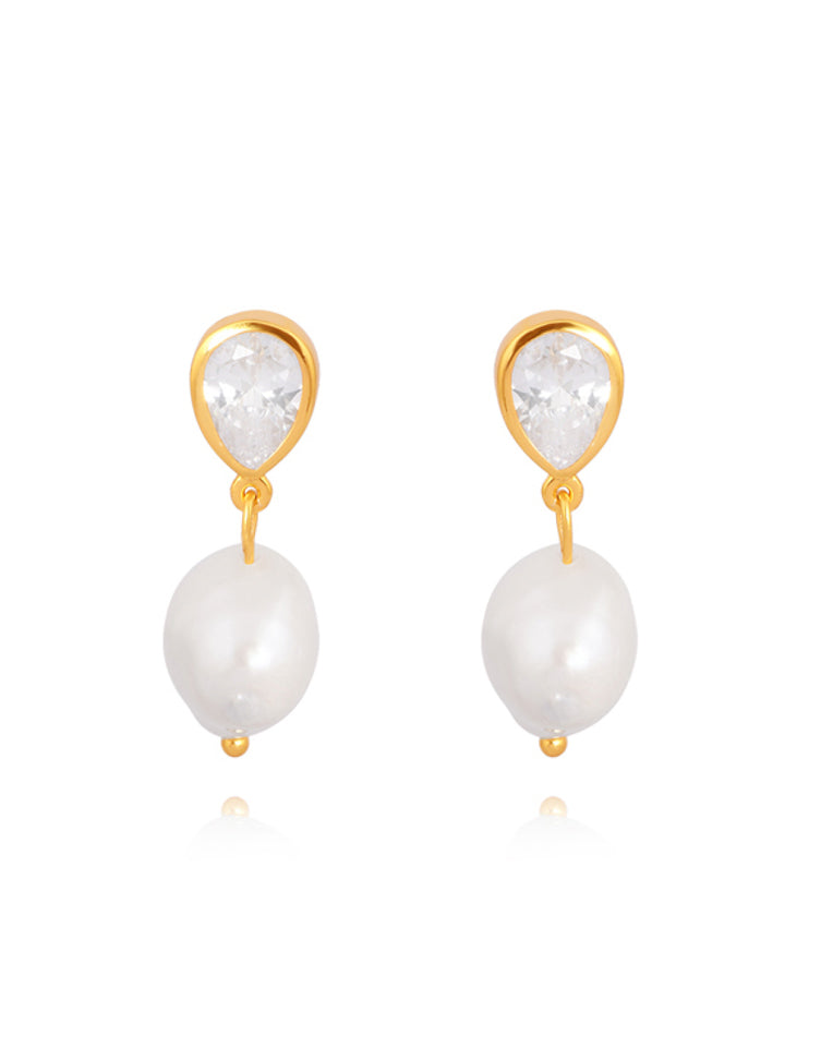 Elegant Wedding Earrings - Bezel Set Pear Crystal & Pearl Dangle Earrings by Lola Knight Oceane Collection | Perfect for Bridal, Prom & Formal Occasions