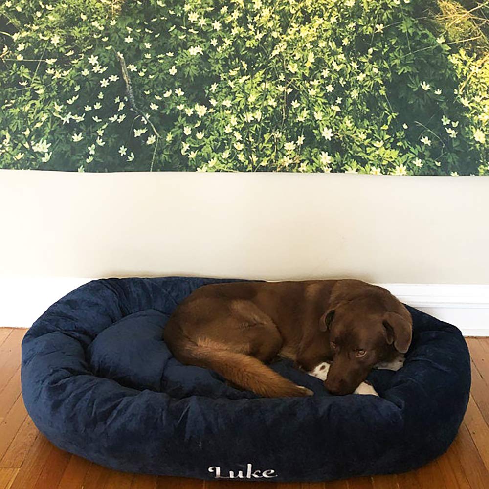 Majestic Pet Personalized Bagel Dog Bed - Machine Washable Soft Comfortable Sleeping Mat with Durable Support - Custom Embroidered Pet Bed with Replaceable Covers - Large Navy Blue Dog Cushion for Cozy Napping & Home Decor