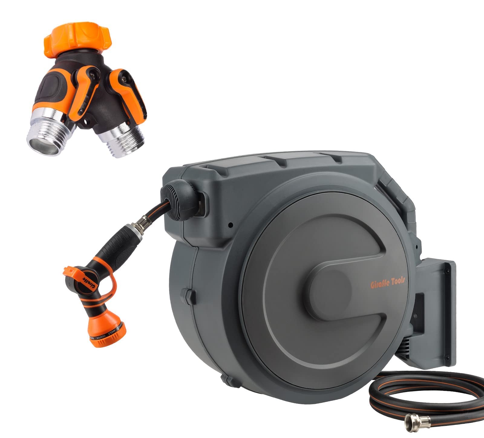 Heavy Duty 2-Way Hose Splitter with Retractable Reel - for Garden & Outdoor Use