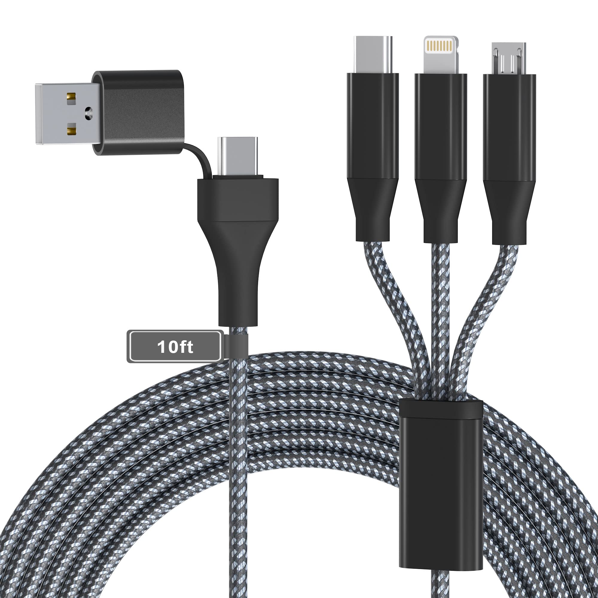 3-in-1 USB C Charging Cable 10Ft [MFi Certified] - USB A/C to Type C + Micro USB + Lightning Connector - Fast Charging Cable for iPhone, Android, Samsung & Multiple Devices (Not for iPad) - Perfect for Home, Office & Travel Charging