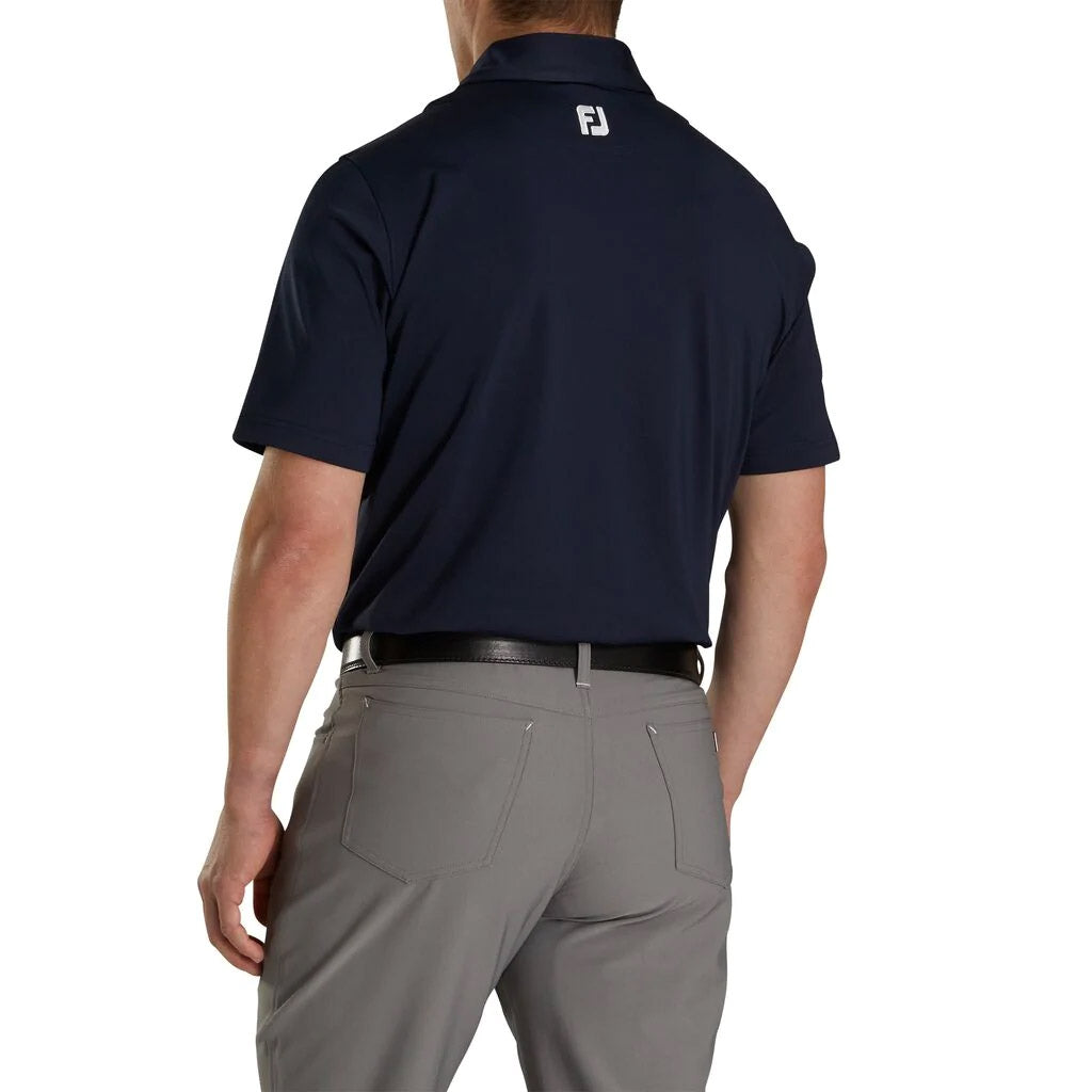 FootJoy Athletic Fit Lisle Solid Gingham Trim Self Collar Navy Men's Golf Polo Shirt - Breathable Performance Top for Golfing & Casual Wear