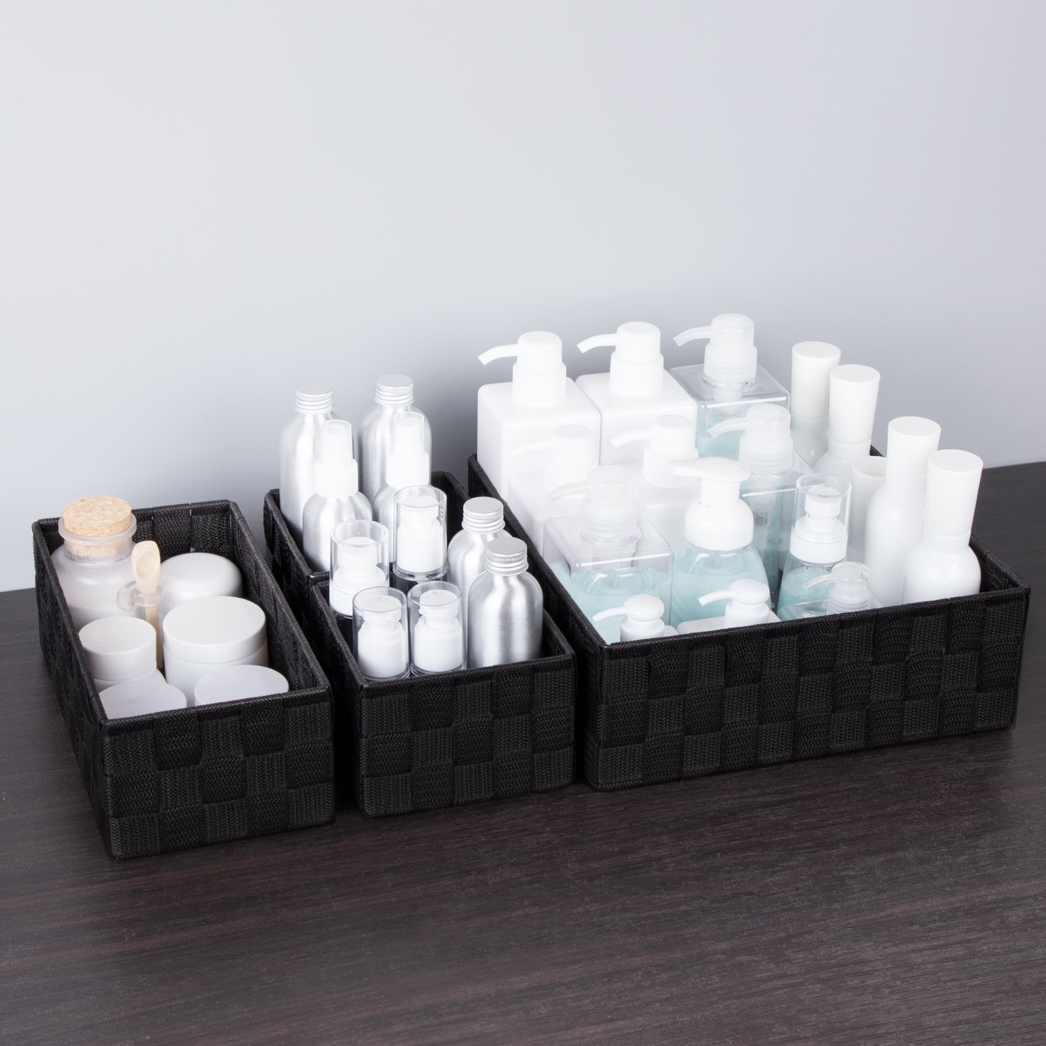 Woven Storage Baskets Set of 4 - Black Organizers for Drawer & Closet