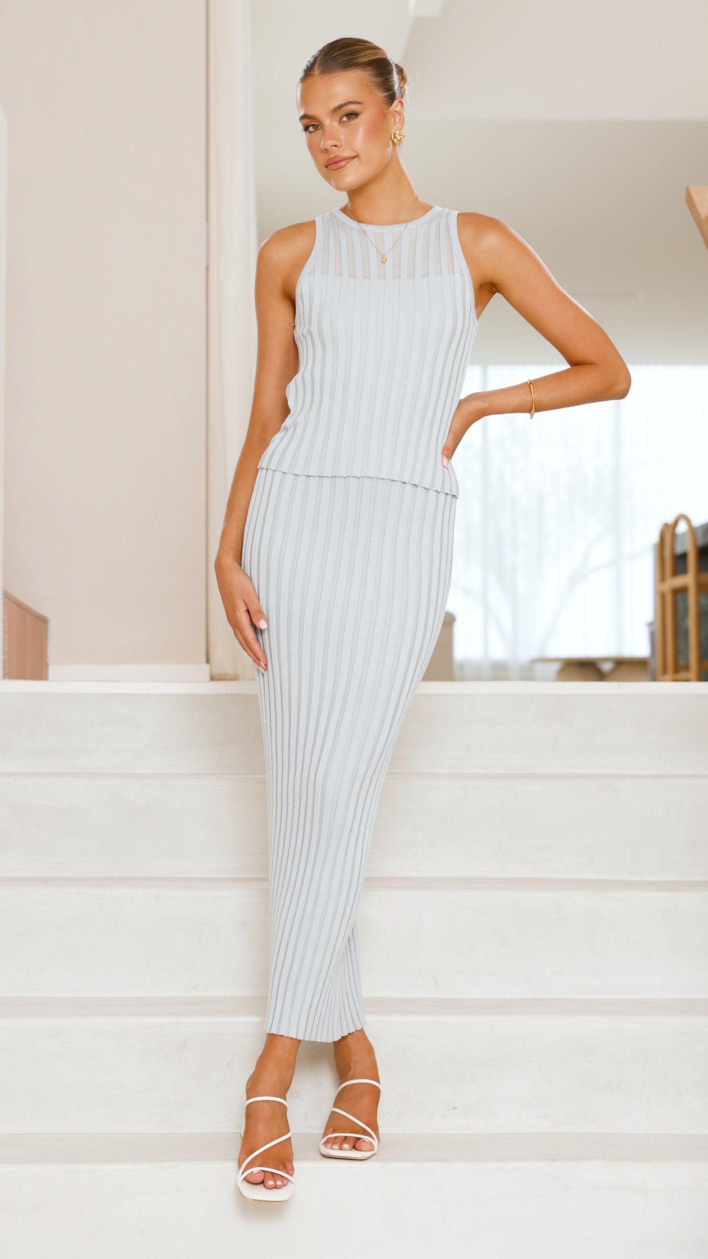 Gracie Knit Top and Skirt Set for Women - Soft Powder Blue Outfit | Perfect for Casual Wear, Office, and Date Nights