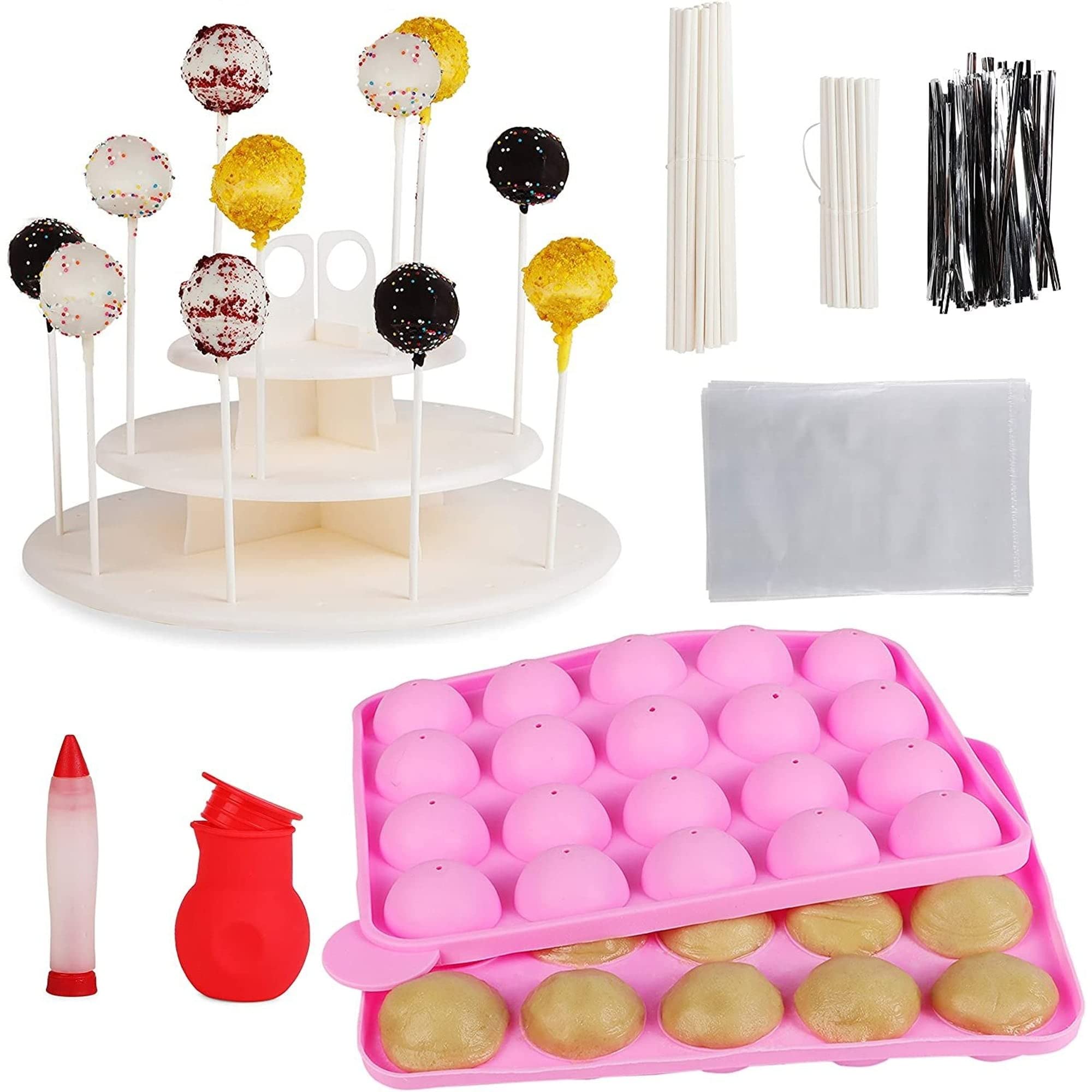Pink Plastic Cake Pop Maker Kit with Stand, Cellophane Bags & Twist Ties - Perfect for Birthday Parties, Baby Showers & Holiday Baking Gifts