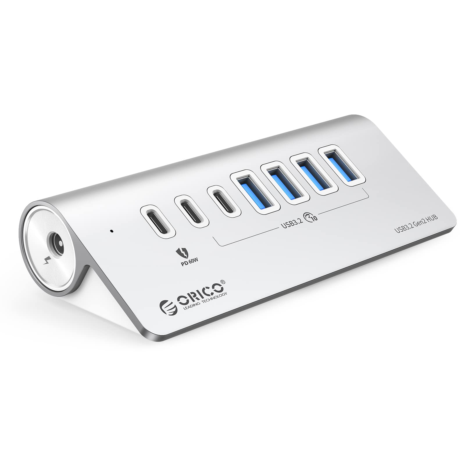 ORICO 7-Port USB 3.2 Gen 2 Hub with 60W PD Charging - 10Gbps High-Speed Data Transfer, 6 USB-A & 1 USB-C Ports, 24V/3A Power Adapter, 3.28ft Cable - Aluminum USB Hub for Laptop, PC, MacBook, Gaming Setup & Home Office