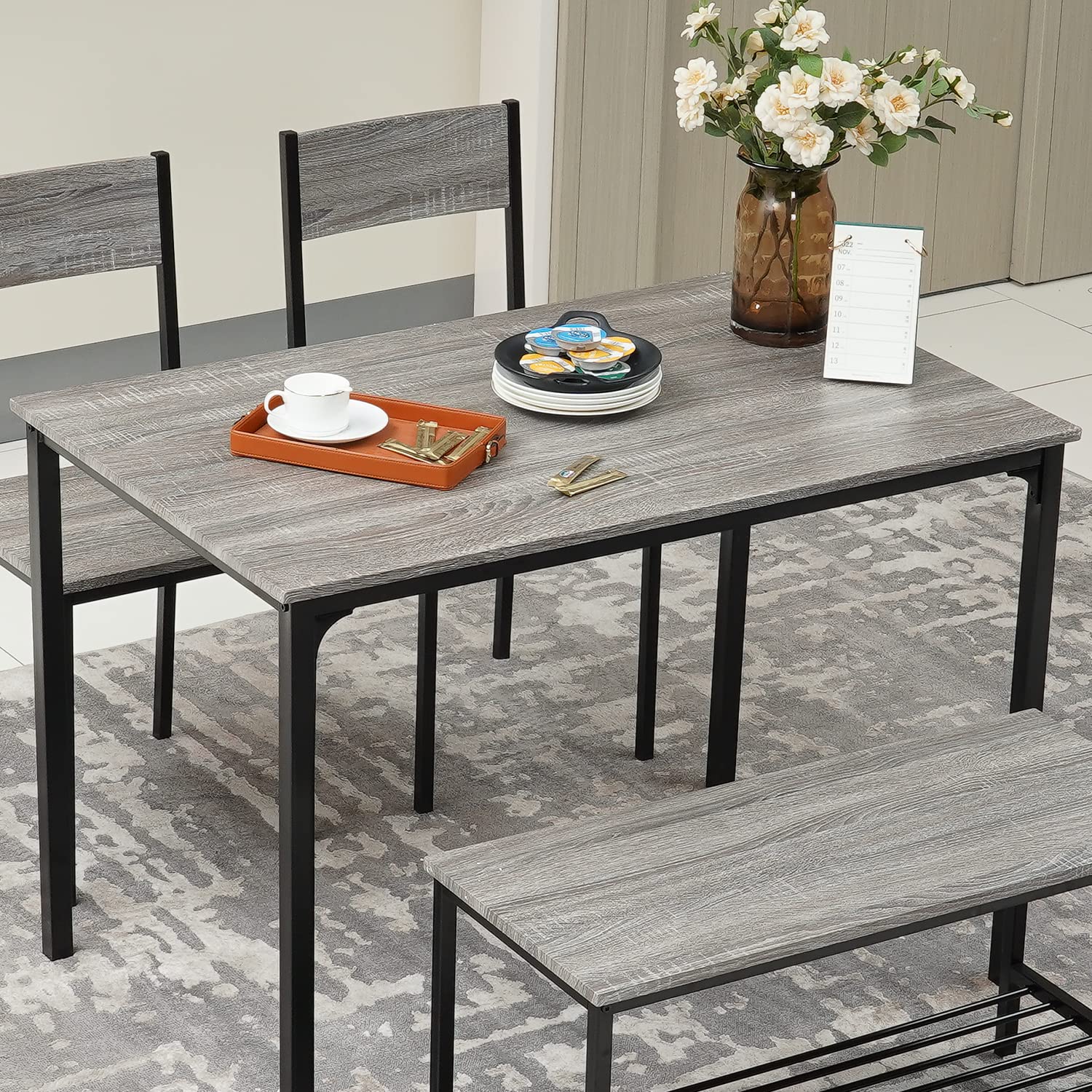 PULUOMIS 4-Piece Modern Dining Set with Table, 2 Chairs & Bench - Grey Kitchen & Breakfast Table for Home, Bistro, Patio, Garden | Perfect for Small Spaces & Family Meals