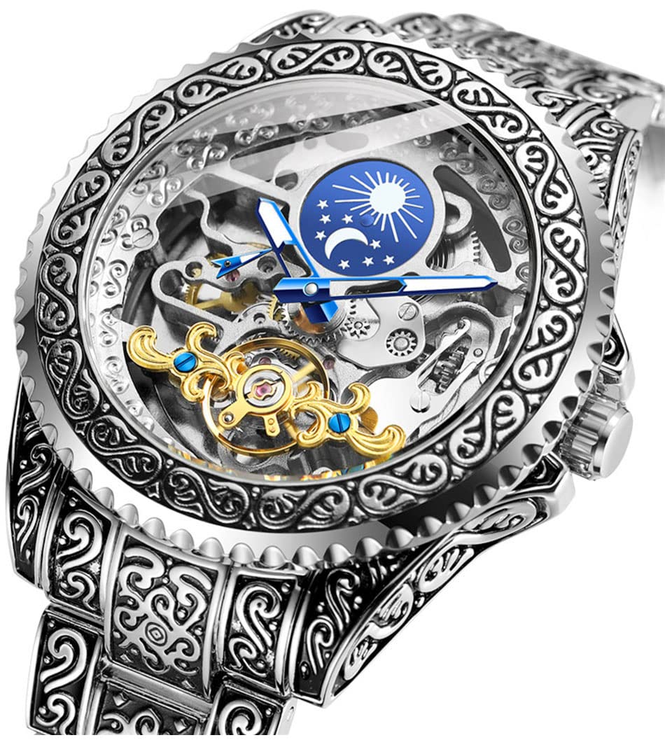 Gosasa Retro Skeleton Automatic Mechanical Watch for Men - Self-Winding Tourbillon with 24H Moon Phase & Independent Seconds - Large Dial Wristwatch for Business, Casual & Tattoo Enthusiasts