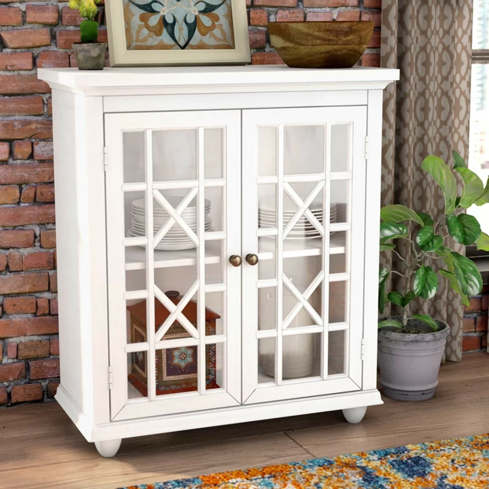French Arched Glass Door Solid Wood Sideboard - Elegant Buffet Cabinet for Dining Room, Living Room & Entryway Storage - Vintage Style Display Hutch for Home Decor