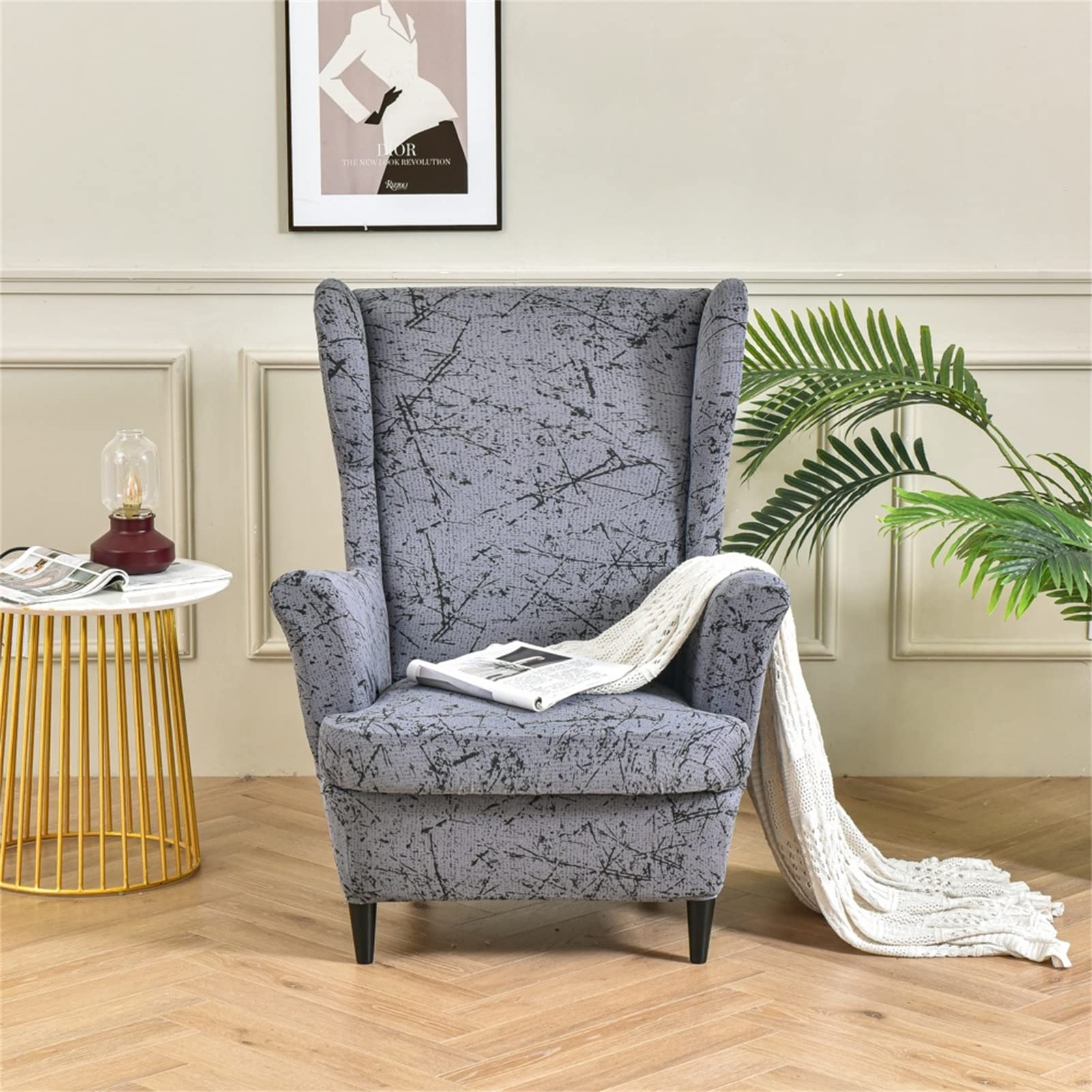 ERFHJ Jacquard Stretch Wing Chair Slipcover - Machine Washable Wingback Chair Cover for Living Room, Bedroom & Hotel - Quick Set Hemp Grey Armchair Cover | Perfect for Home Decor, Furniture Protection & Guest Room Styling