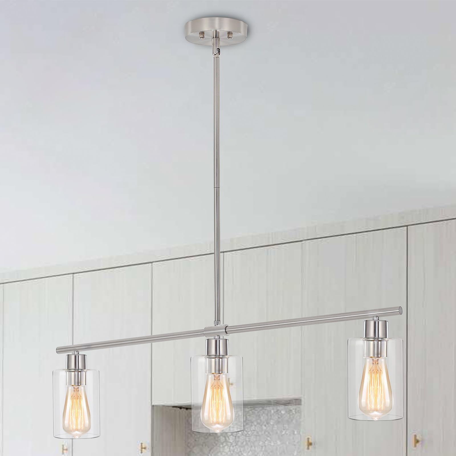 ETONIMERR 3-Light Brushed Nickel Modern Kitchen Island Pendant Light with Glass Shade - Industrial Linear Hanging Lighting Fixture for Dining Room, Bar Counter, and Kitchen Island Decor