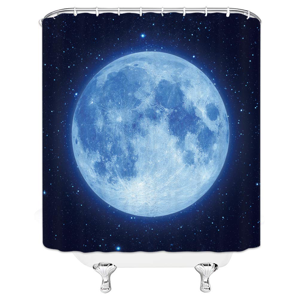 Glowing Moon Shower Curtain - Starry Sky Fantasy Bathroom Decor with Hooks, 70x70 Inch Navy Blue & Black Polyester Fabric for Spa-Like Relaxation