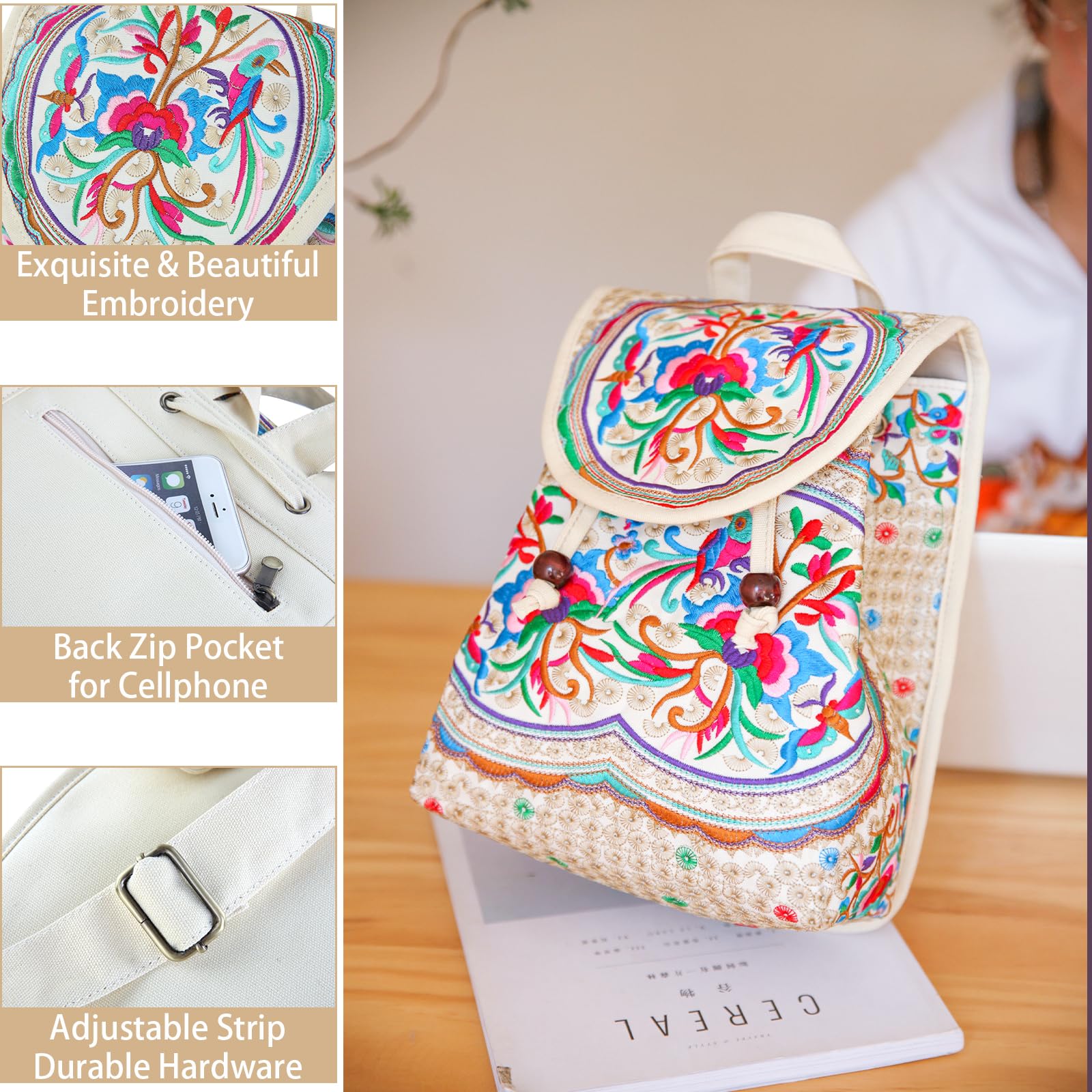 Vintage Embroidered Women's Backpack - Boho Ethnic Travel Handbag & Shoulder Bag in Beige | Perfect for Travel, Hiking, and Everyday Use