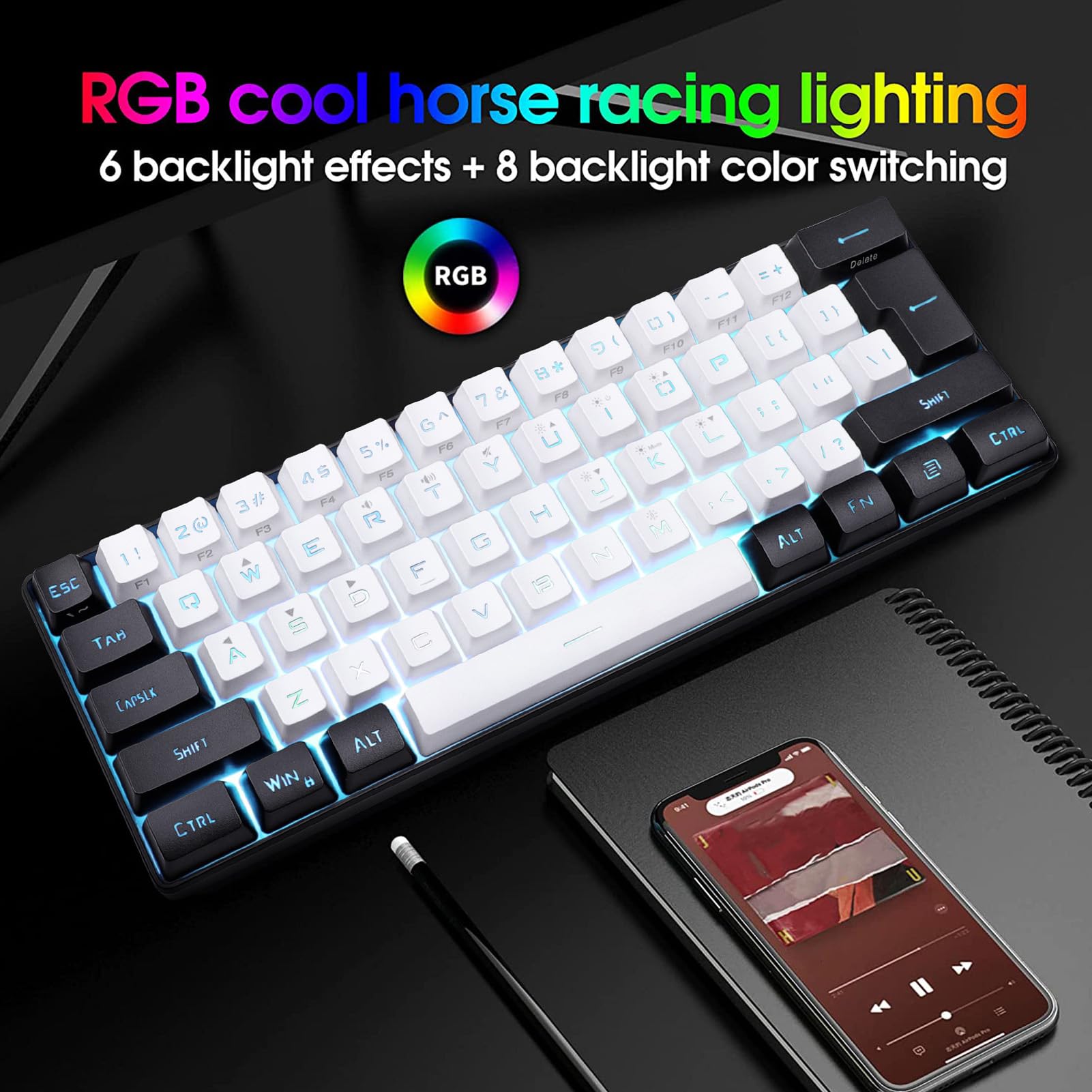 NIZUUONE G61 Mini RGB LED Backlit 61-Key Ergonomic Mechanical Feel Wired Gaming Keyboard for PC, Mac, Laptop - Perfect for Office Work, Typing & Gaming (White)