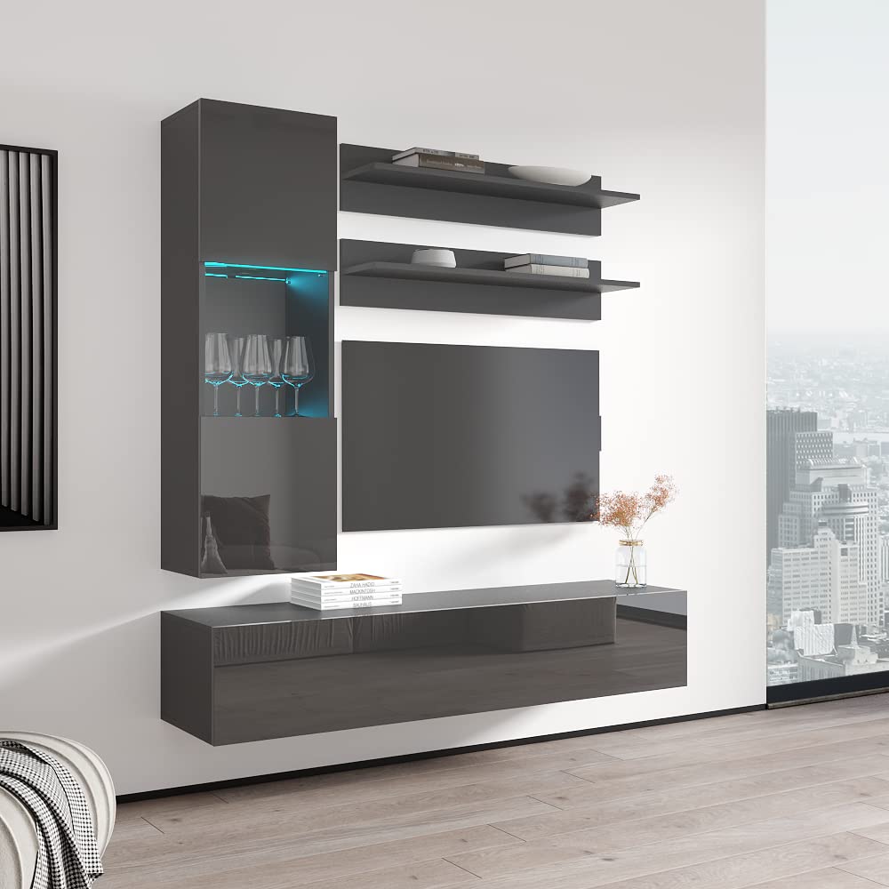 Modern Wall-Mounted TV Stand with Storage Shelves & LED Lights - H30 Entertainment Center Console for Living Room & Bedroom - Space-Saving Gray TV Cabinet (Perfect for Small Apartments & Home Theater Setups)