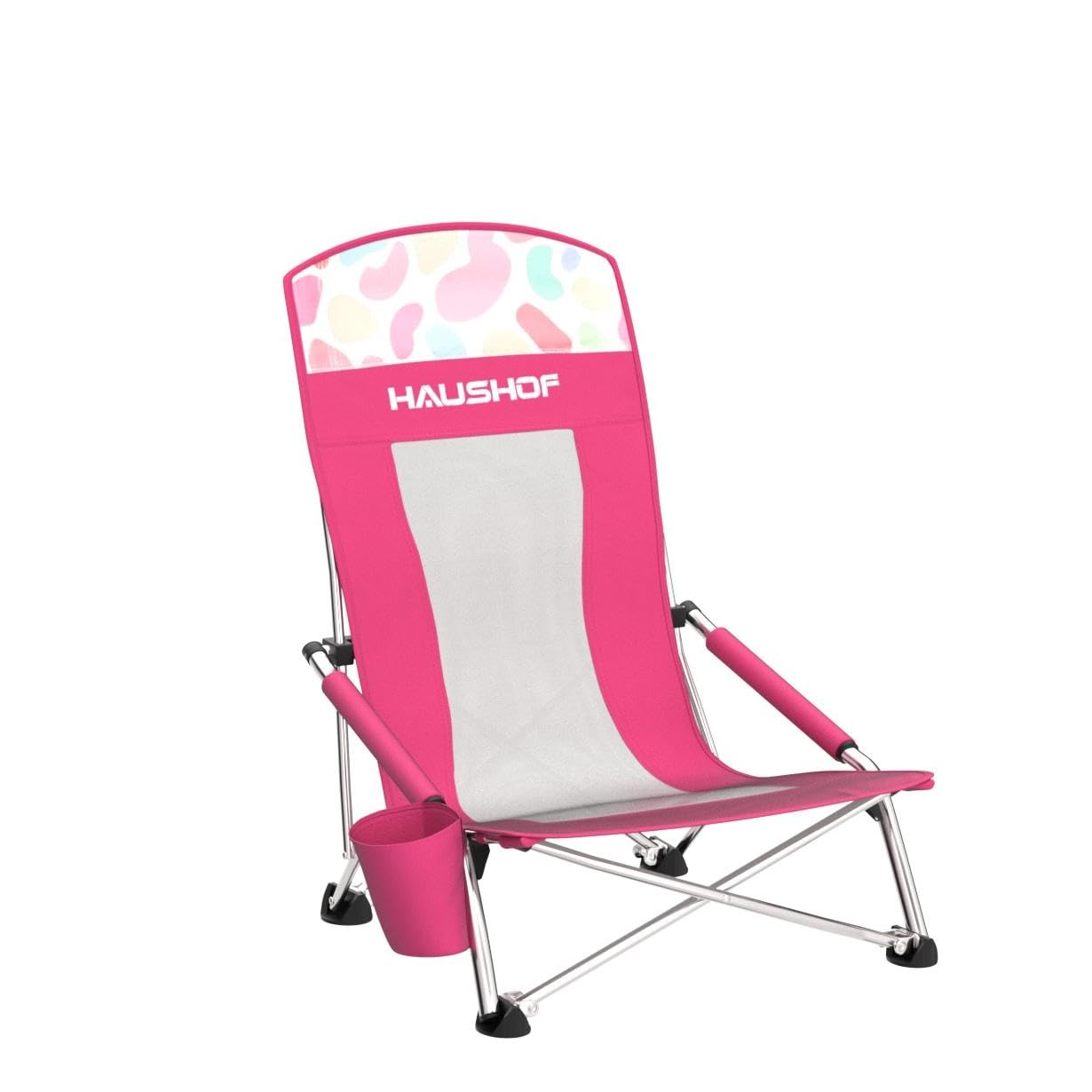 HAUSHOF High Back Beach Chair with Cup Holder - Lightweight Folding Camping Chair with Mesh Back, Padded Armrest & Carry Bag - Perfect for Outdoor, Beach, Lawn, Camping, Picnic & Festival Use