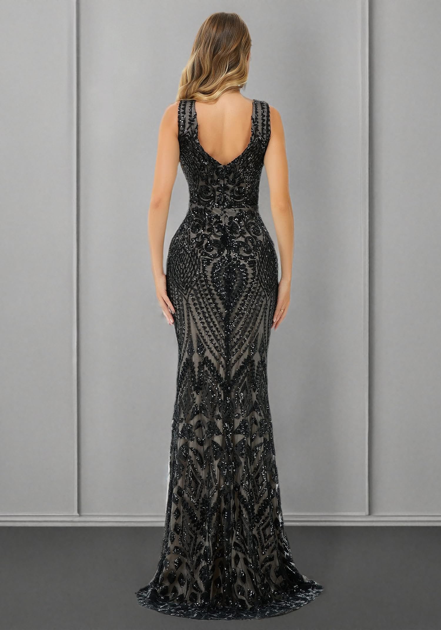 Elegant Women's Sequin V-Neck Mermaid Evening Dress - Sleeveless Bridesmaid Gown for Formal Party, Prom, Wedding, and Special Occasions