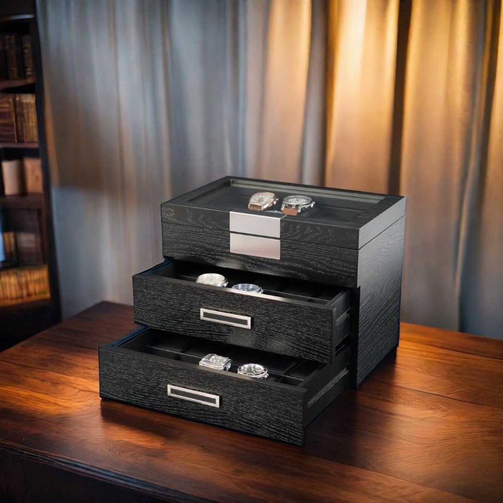 Personalized Ebony Wood Watch Display Case - 3-Tier Jewelry Organizer with Glass Top, Stainless Steel Accents & 2 Drawers - Luxury Watch Storage Box for Men & Women - Perfect for Home, Office or Gift Giving