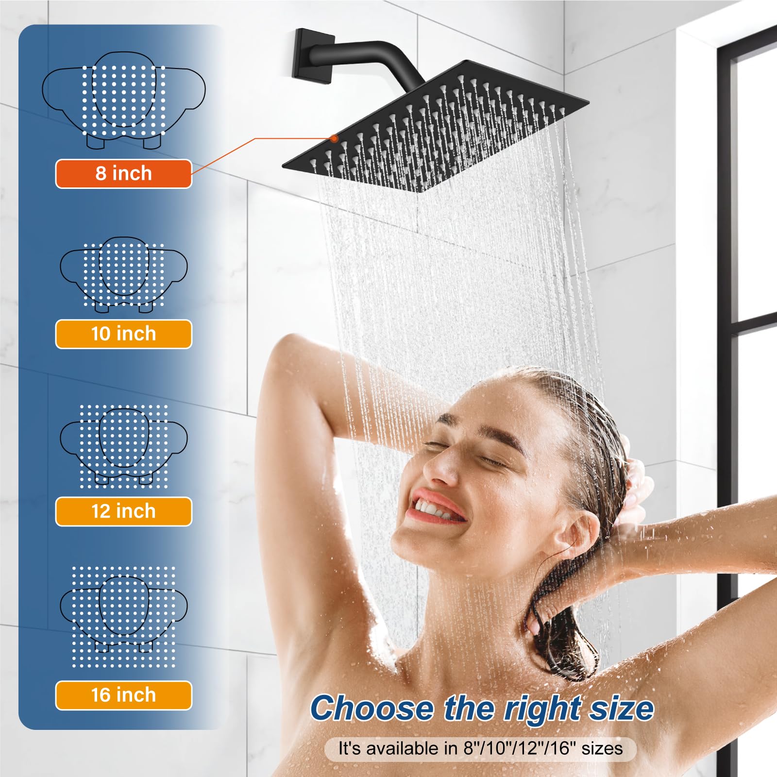 Midanya 8 Inch Matte Black Square Rainfall Shower System - Wall Mount Shower Head with Handheld Sprayer, Rough-in Valve & Bathroom Mixer Combo Set for Luxurious Spa Experience at Home