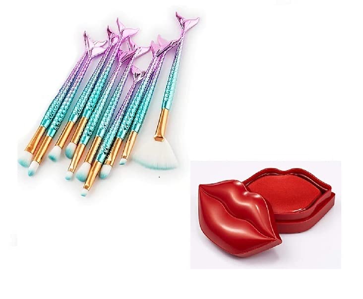 10-Piece 3D Mermaid Makeup Brush Set with Lip Mask Combo - Eyeliner, Blush, Foundation Brushes for Women | 20 Transparent Lip Plumping Sheets for Hydration & Volume | Perfect for Daily Makeup & Night Lip Care Routine