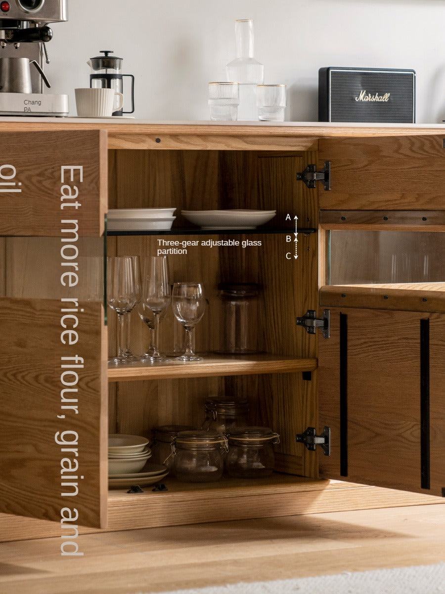 Oak Solid Wood Nordic Sideboard with Slate Top - Modern Buffet Cabinet for Dining Room, Living Room & Entryway Storage