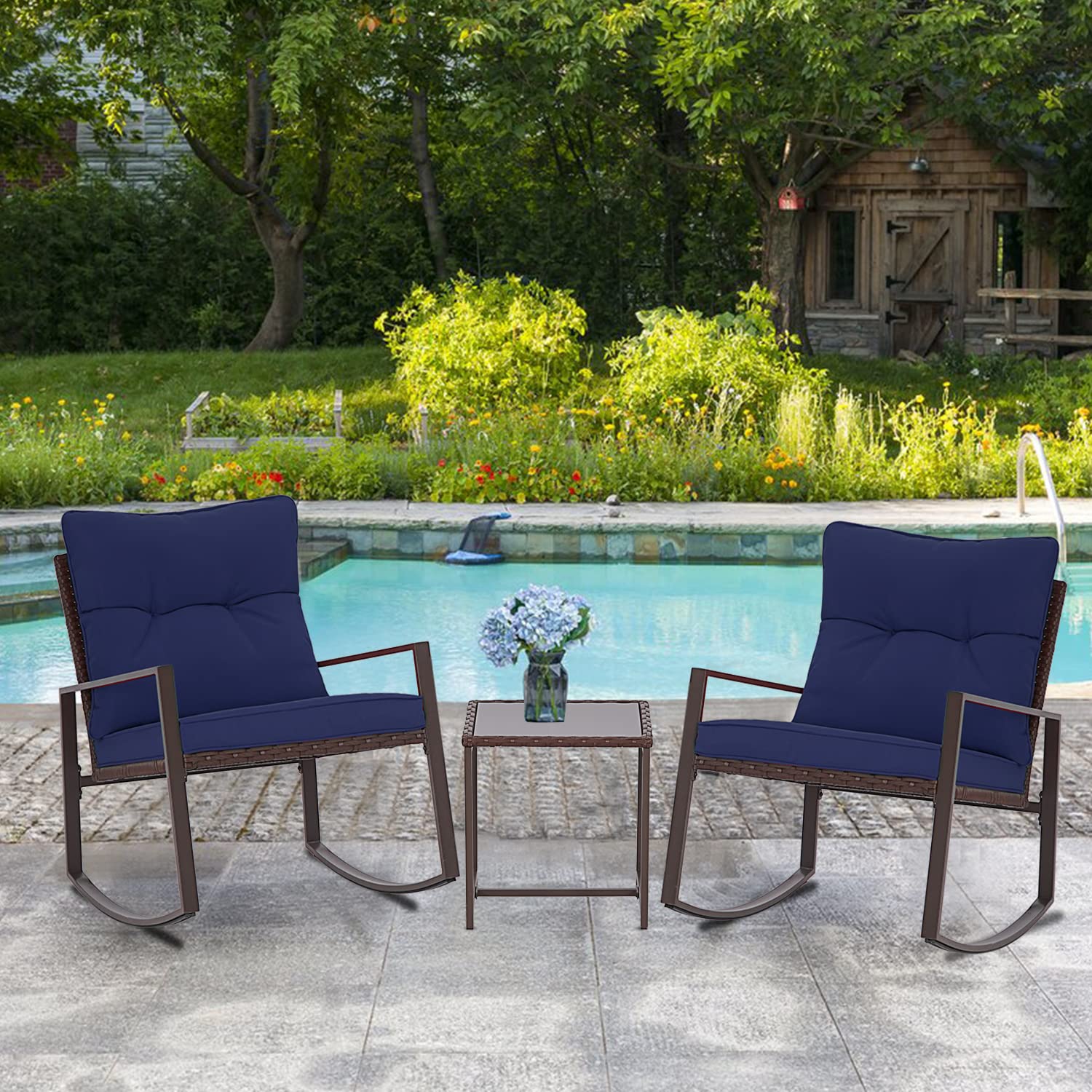 SUNCROWN 3-Piece Outdoor Rocking Chair Set - Brown Wicker Patio Bistro Chairs with Glass Coffee Table & Dark Blue Cushions - Perfect for Garden, Porch, Backyard and Poolside Relaxation