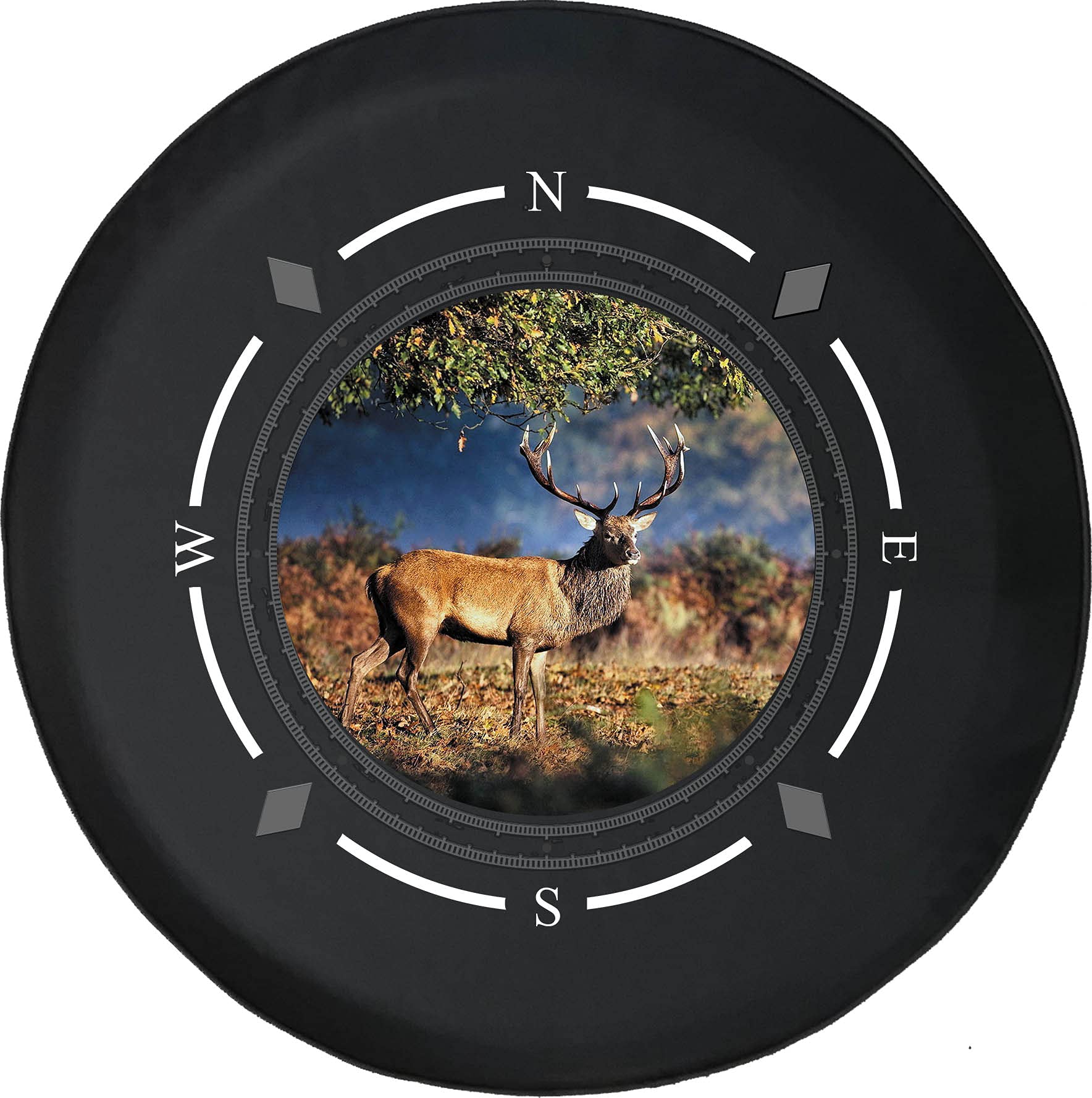 American Unlimited Spare Tire Cover with Compass Design - Big Buck Hunting Antlers Wheel Cover for SUV, Trailer, RV Accessories | Durable & Weatherproof for Off-Road Adventures & Camping Trips
