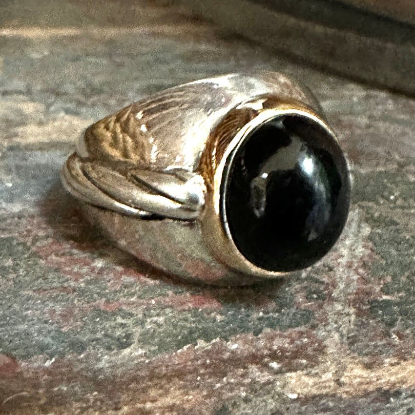 Vintage 1988 Sterling Silver & 14K Yellow Gold Onyx Ring - Size 8 - Elegant Statement Jewelry for Women, Perfect for Evening Parties, Anniversaries & Special Occasions