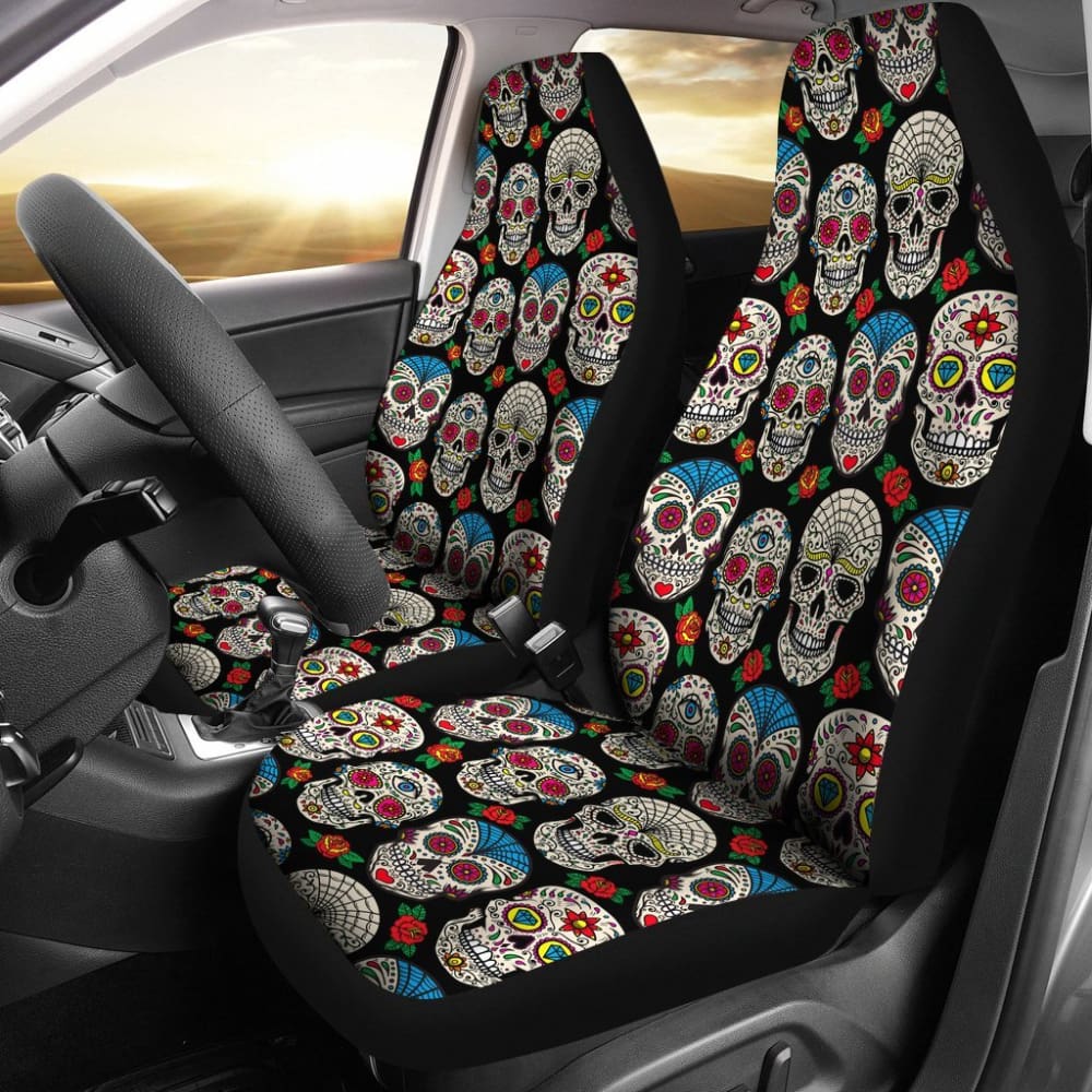 2 Pcs Floral Sugar Skull Car Seat Covers - Day of The Dead Design, Universal Fit for Cars, Trucks & SUVs - Perfect for Halloween, Dia de Los Muertos Celebrations & Unique Car Decor