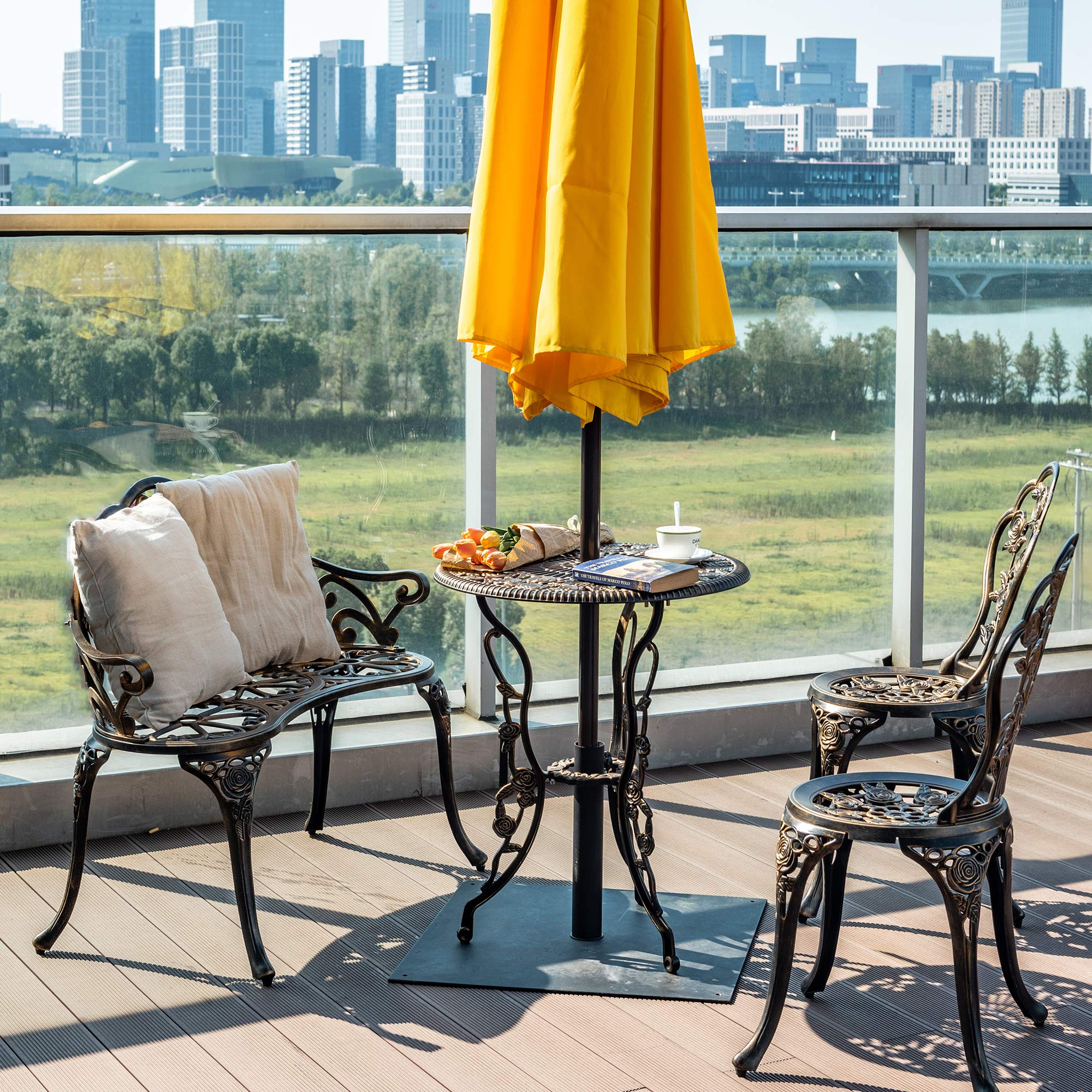 3-Piece Patio Bistro Table Set - Outdoor Cast Aluminum Dining Set with Umbrella Hole, Rose Flower Design, Dark Bronze Balcony Furniture (Perfect for Small Spaces, Garden, Deck & Backyard Relaxation)