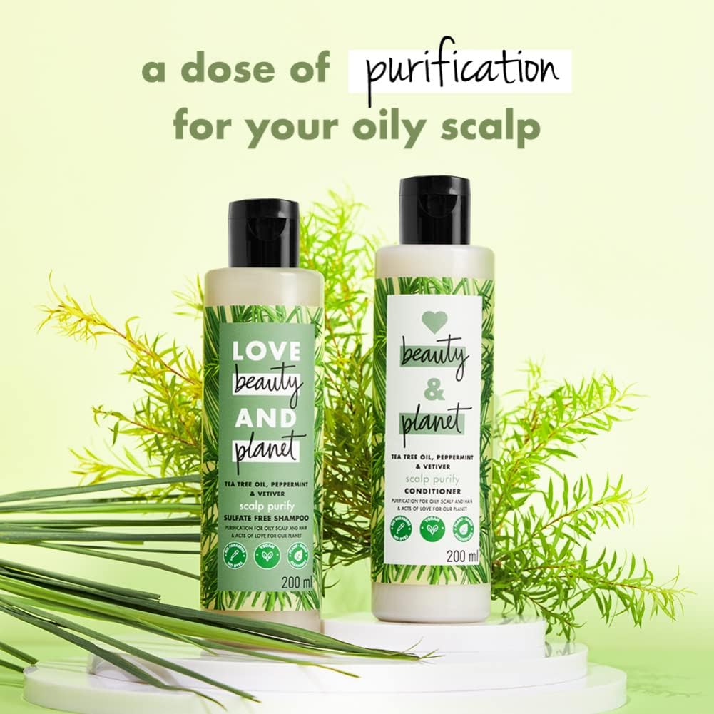 Loves Beauty & Planet Tea Tree, Peppermint & Vetiver Purifying Shampoo & Conditioner Set - 200ml Each, Paraben-Free, Dye-Free, Vegan & Cruelty-Free Hair Care for Oily Scalp & Dandruff Control - Perfect for Daily Use & Deep Cleansing