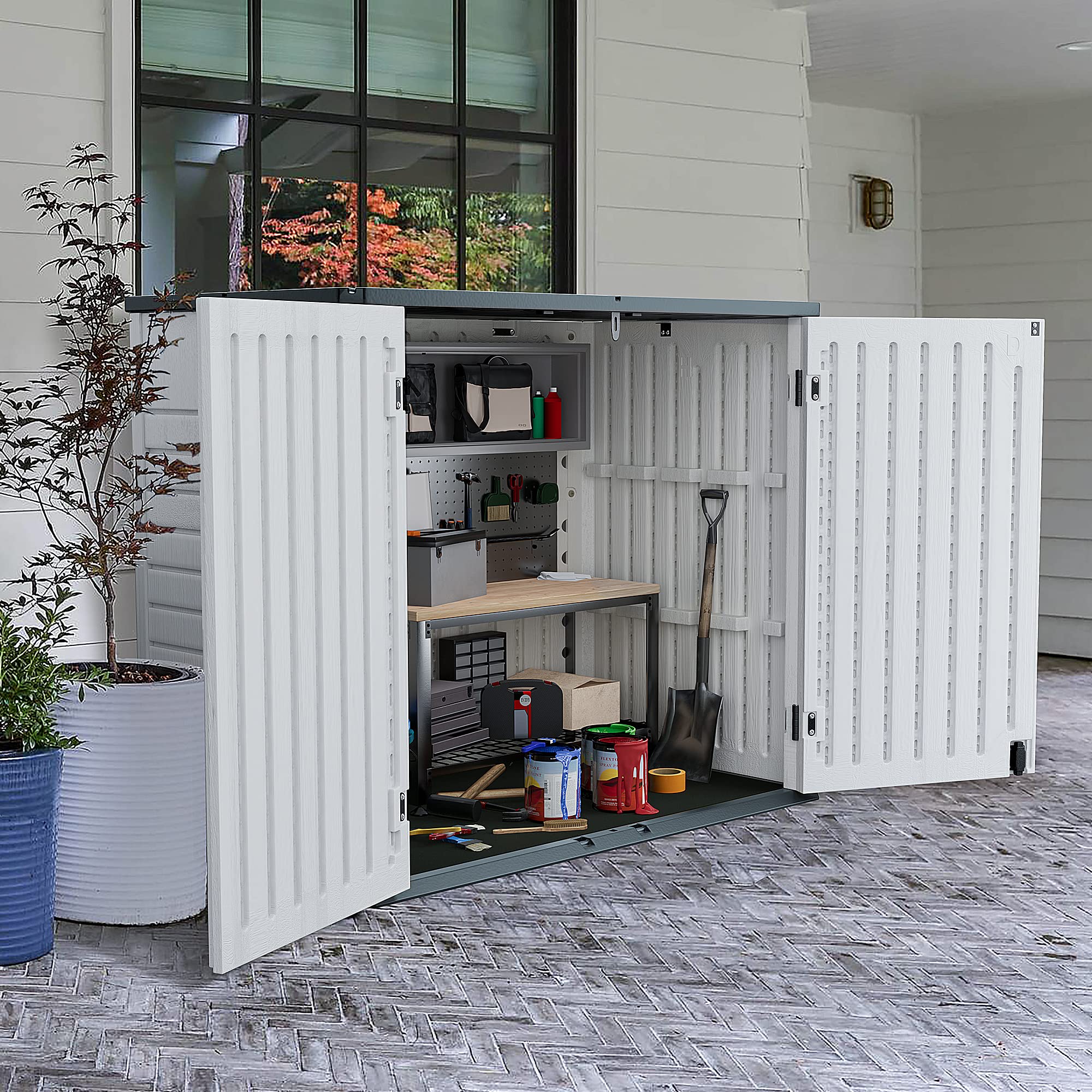 Homall 34 Cu Ft Resin Outdoor Storage Shed - Weatherproof Horizontal Tool Cabinet for Garden, Garage & Patio | Lockable Multi-Purpose Storage for Lawn Mowers, Trash Cans & Yard Tools | Perfect for Backyard Organization & Outdoor Equipment Protection