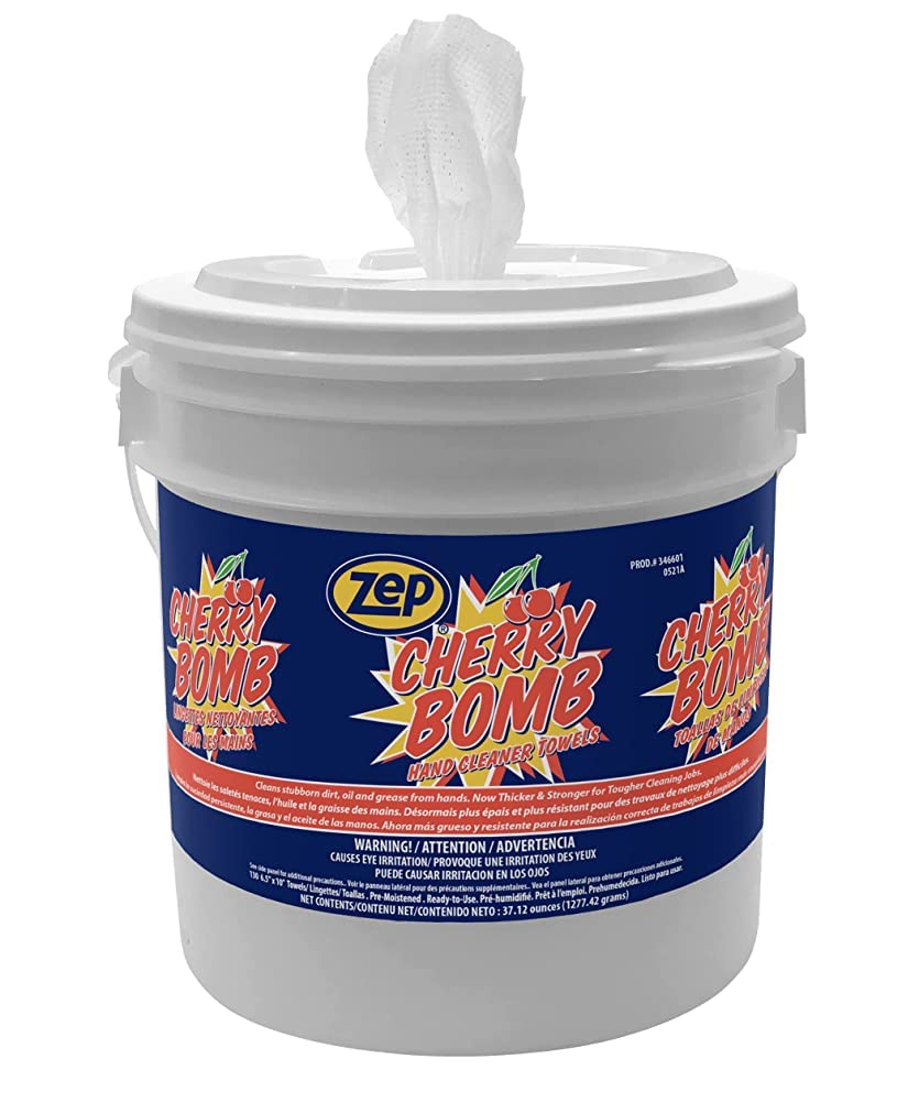Zep Cherry Bomb Heavy-Duty Hand Cleaner Towels - 130 Towels per Bucket (Case of 4) | Removes Grease, Tar, Ink, Paint & Industrial Grime | Ideal for Mechanics, Construction & Factory Workers
