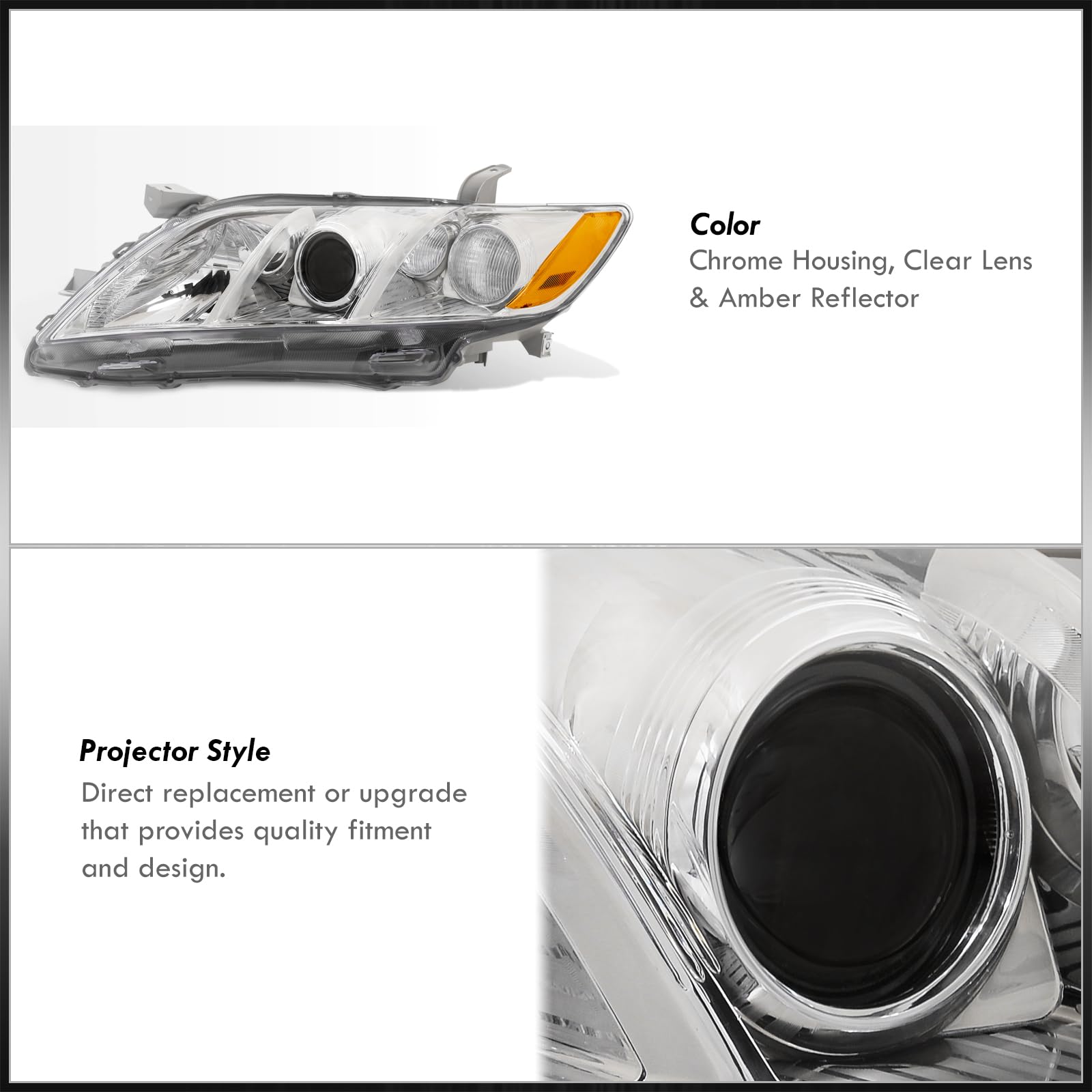 AJP Distributors Chrome Housing Clear Lens Amber Reflector OE Style Projector Headlights Assembly Pair - Compatible with Toyota Camry XV40 2007-2009 Models - Perfect for Night Driving, Foggy Conditions & Enhanced Road Visibility