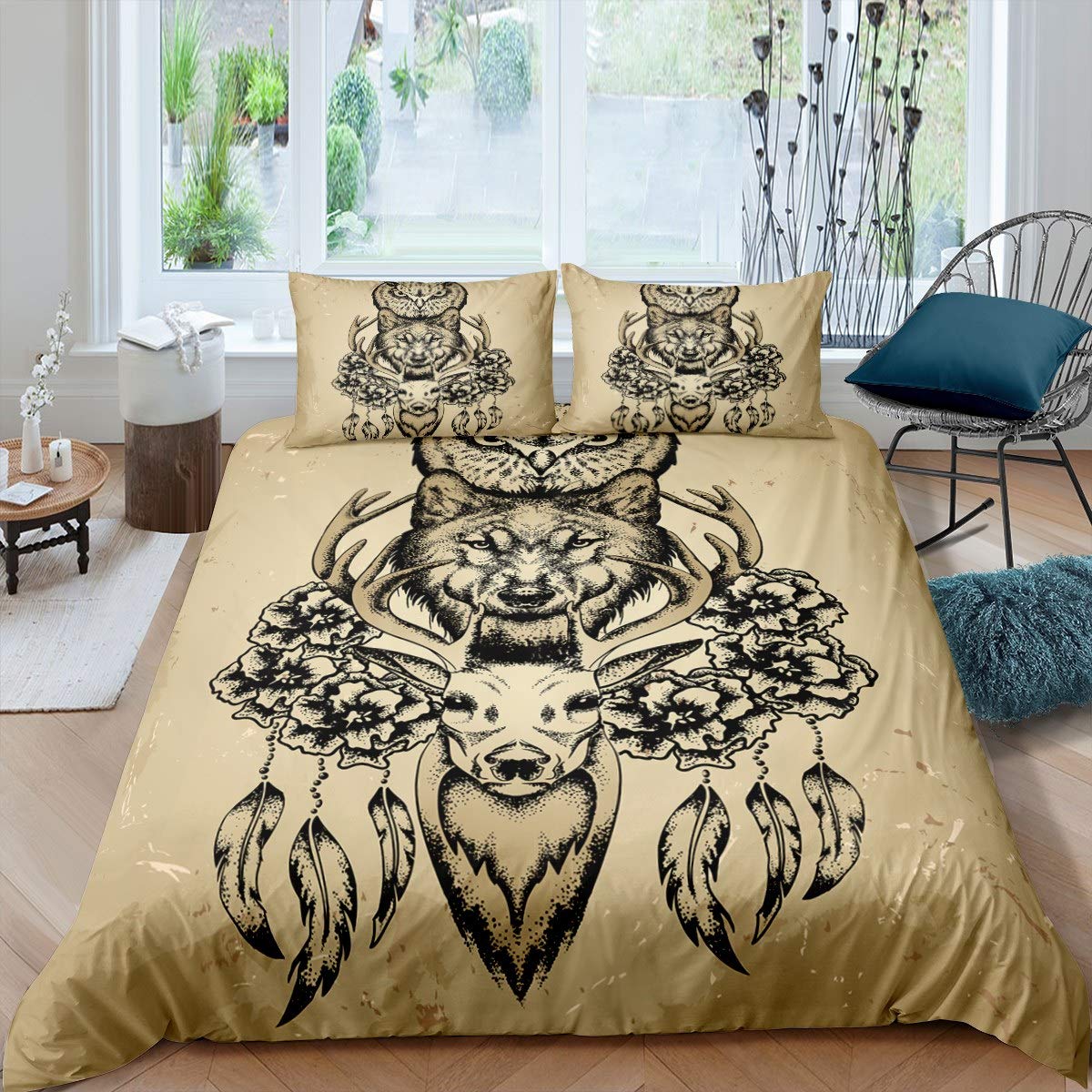 **Owl & Wolf Comforter Cover Set - Wildlife Safari Animal Duvet Cover for Kids Boys Girls - Twin Size 2-Piece Bedding Set with Dreamcatcher Boho Feather Print - Perfect for Nursery, Bedroom & Boho Decor**