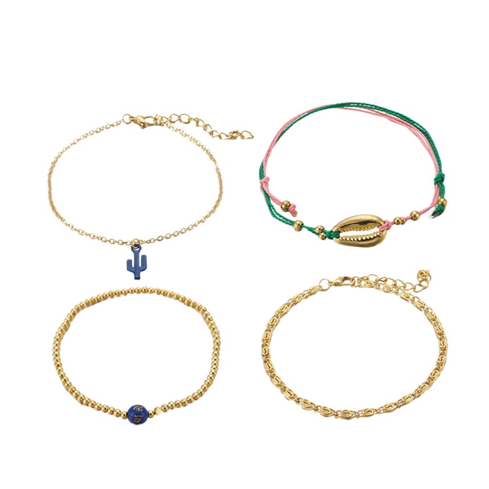 Bohemian Beaded Anklet Bracelet - 4pcs Handmade Beach Foot Jewelry with Cactus & Seashell Charms for Women | Perfect for Summer, Hawaii Vacations, Beach Parties & Boho Fashion Accessories