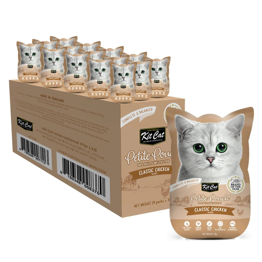 24 Pack Kit Cat Petite Pouch Grain-Free Wet Cat Food - 70g Pouch for Adult & Senior Cats - Perfect for Travel, Treats & Mealtime Variety