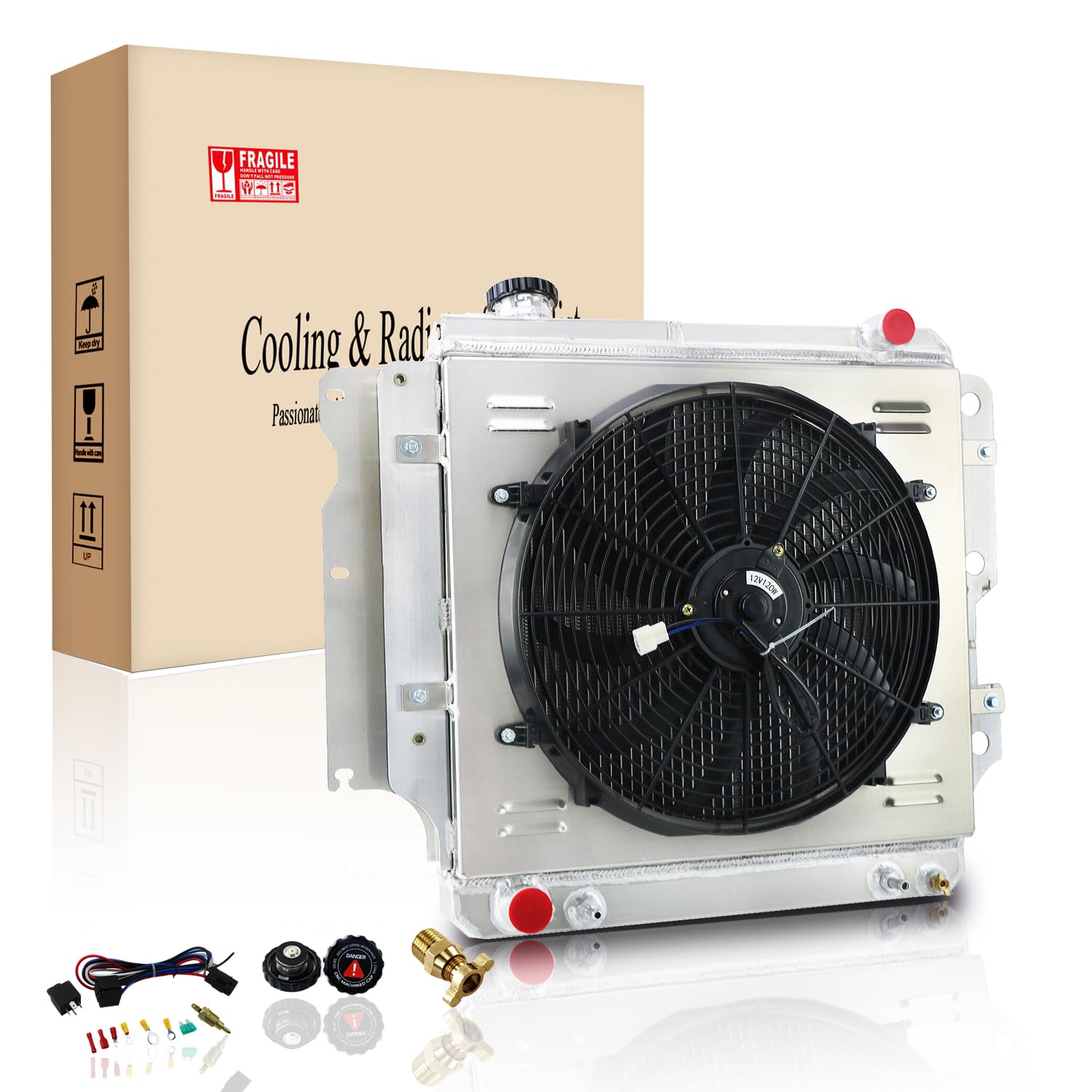ColQuee CC2101 3-Row Aluminum Radiator for 1987-2006 Jeep Wrangler Rubicon/Sahara/SE/Sport/Unlimited/X/65th Anniversary Edition - 6 Cylinder 4.0L Engine - Includes Radiator Shroud, Fan & Relay Kit - Perfect for Off-Roading & Extreme Weather Conditions