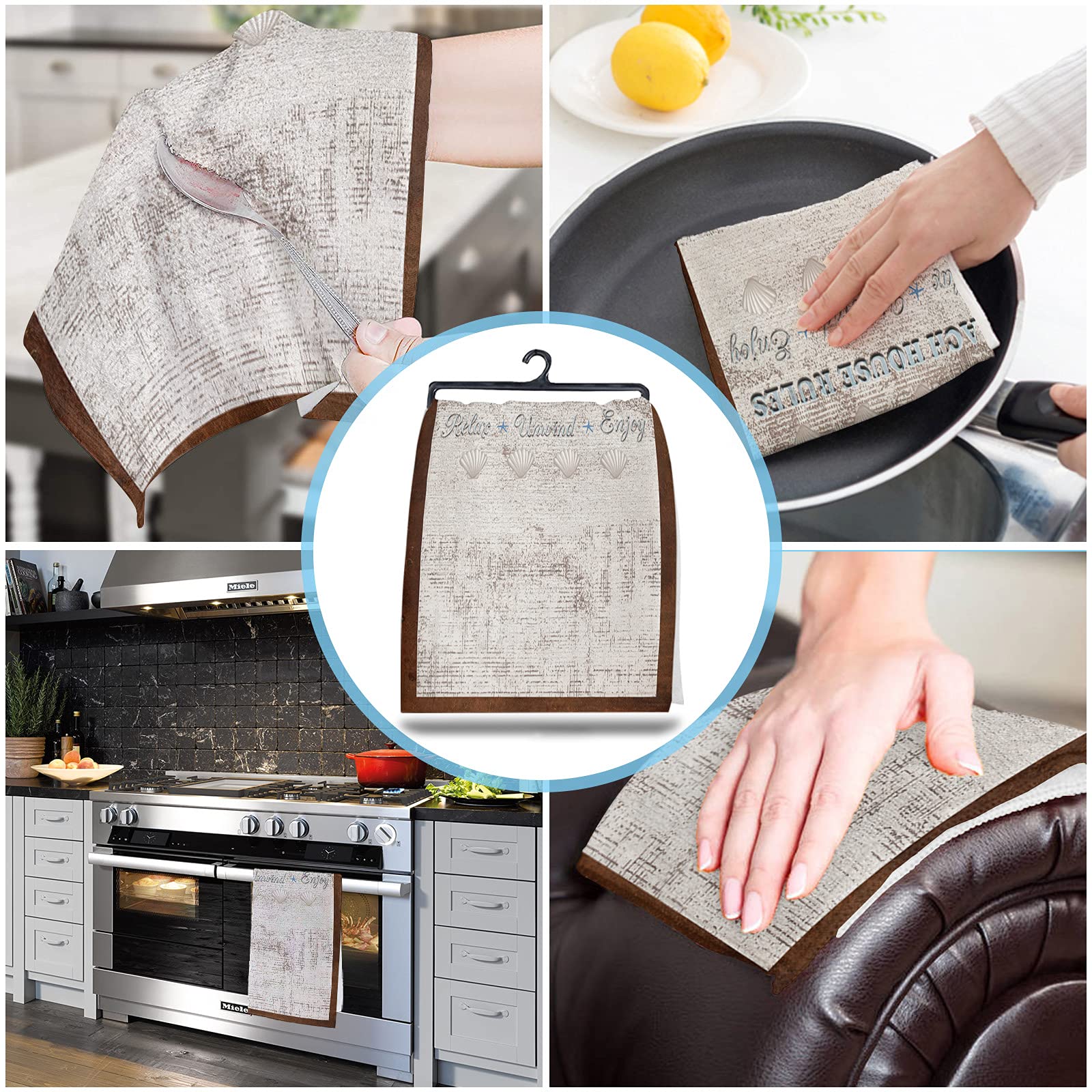 Premium Microfiber Kitchen Towels Set of 2 - Super Absorbent & Reusable Dish Towels, Tea Towels & Bar Towels (18x28 Inch) - Retro Beach House Design for Kitchen Cleaning, Drying Dishes & Decorative Use