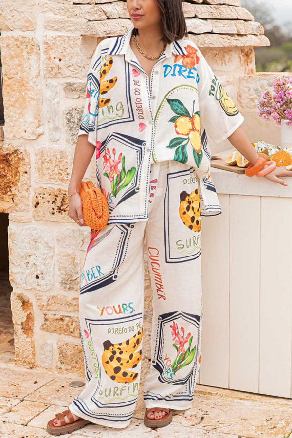 Summer Floral Fruit Print Casual Short Sleeve Shirt & Elastic Waist Loose Wide Leg Pants Set - Women's Comfortable Outfit for Beach Vacation, Shopping, and Daily Wear