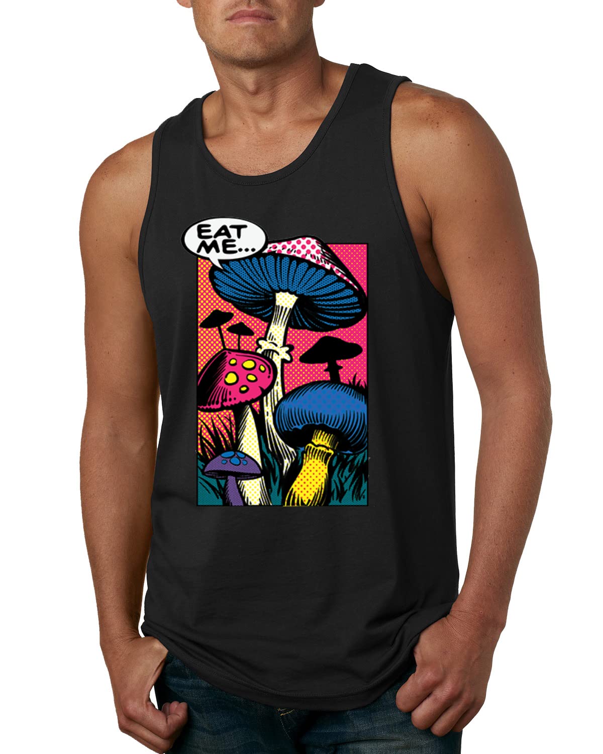Trippy Neon Mushroom Graphic Tank Top for Men - Funny Psychedelic Colorful Shroom Design - Perfect for Music Festivals, Rave Parties & Casual Streetwear
