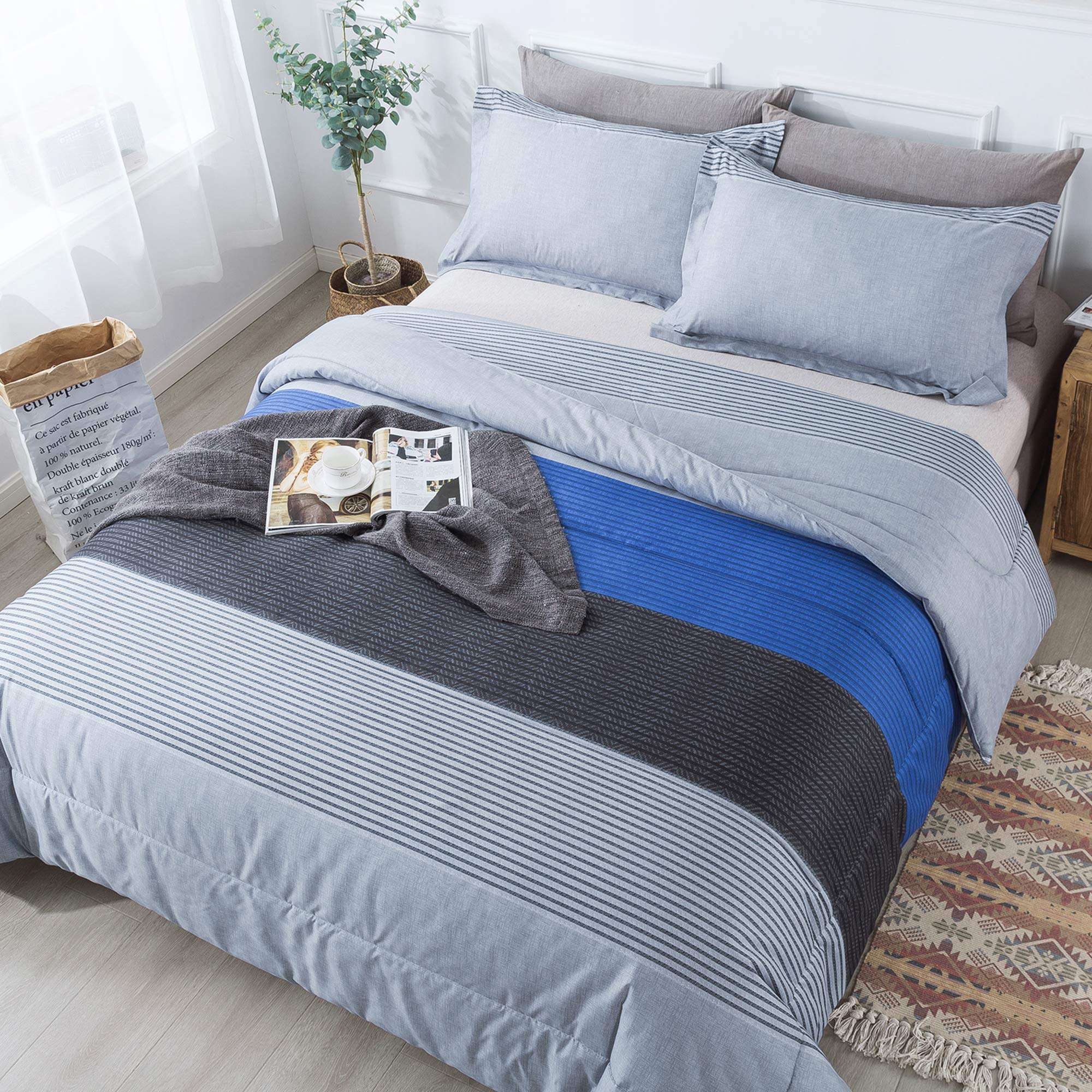**Andency King Size 3-Piece Blue & Gray Striped Comforter Set - Soft Microfiber Down Alternative Bedding (104x90 Inches) with Corner Loops - Perfect for Cozy Bedrooms & Guest Rooms**