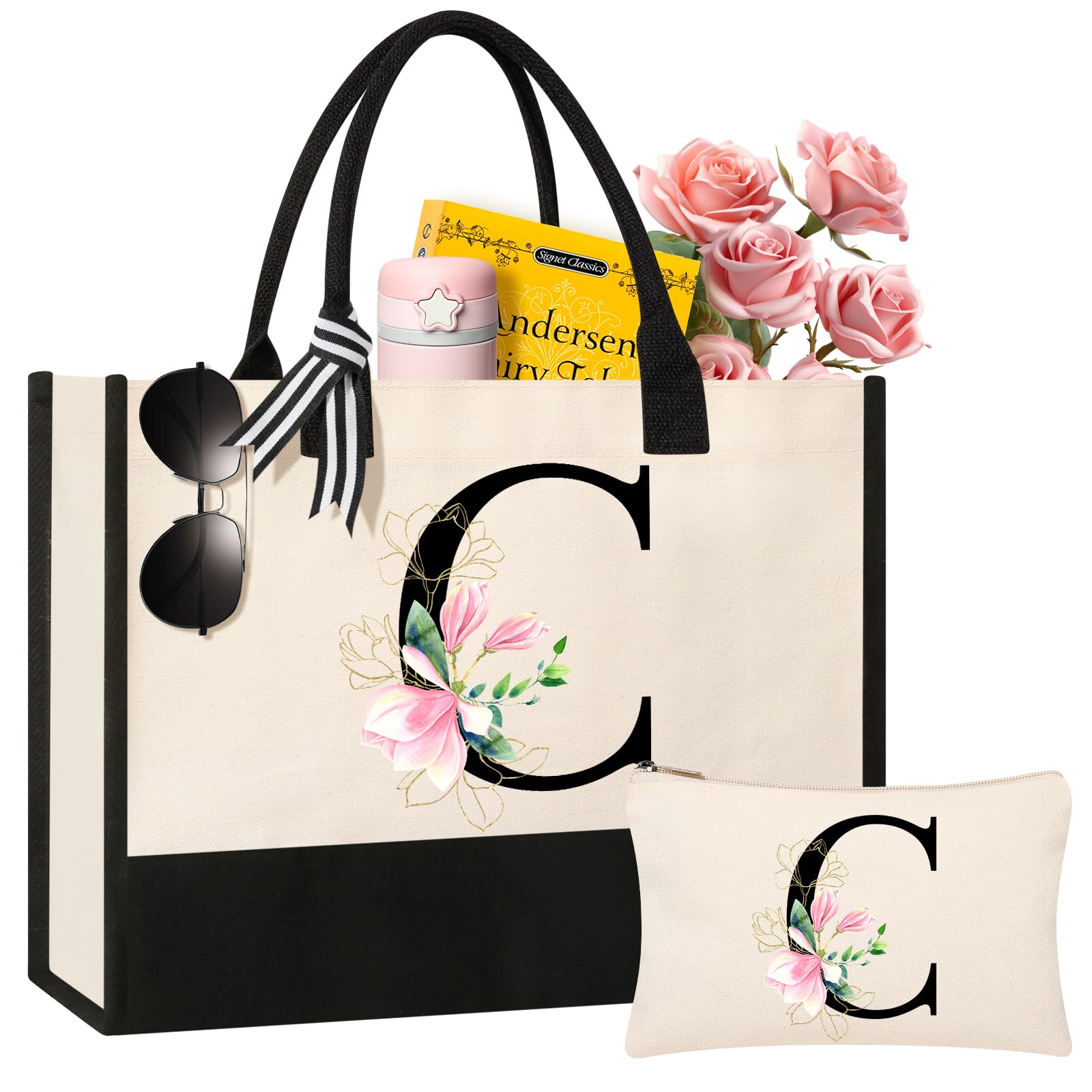 AYGE Personalized Monogrammed Canvas Beach Tote - Stylish Makeup Bag, Perfect Birthday Gift for Women, Sister, Mom, Teacher & Bridesmaid - Ideal for Beach Trips, Shopping & Daily Use