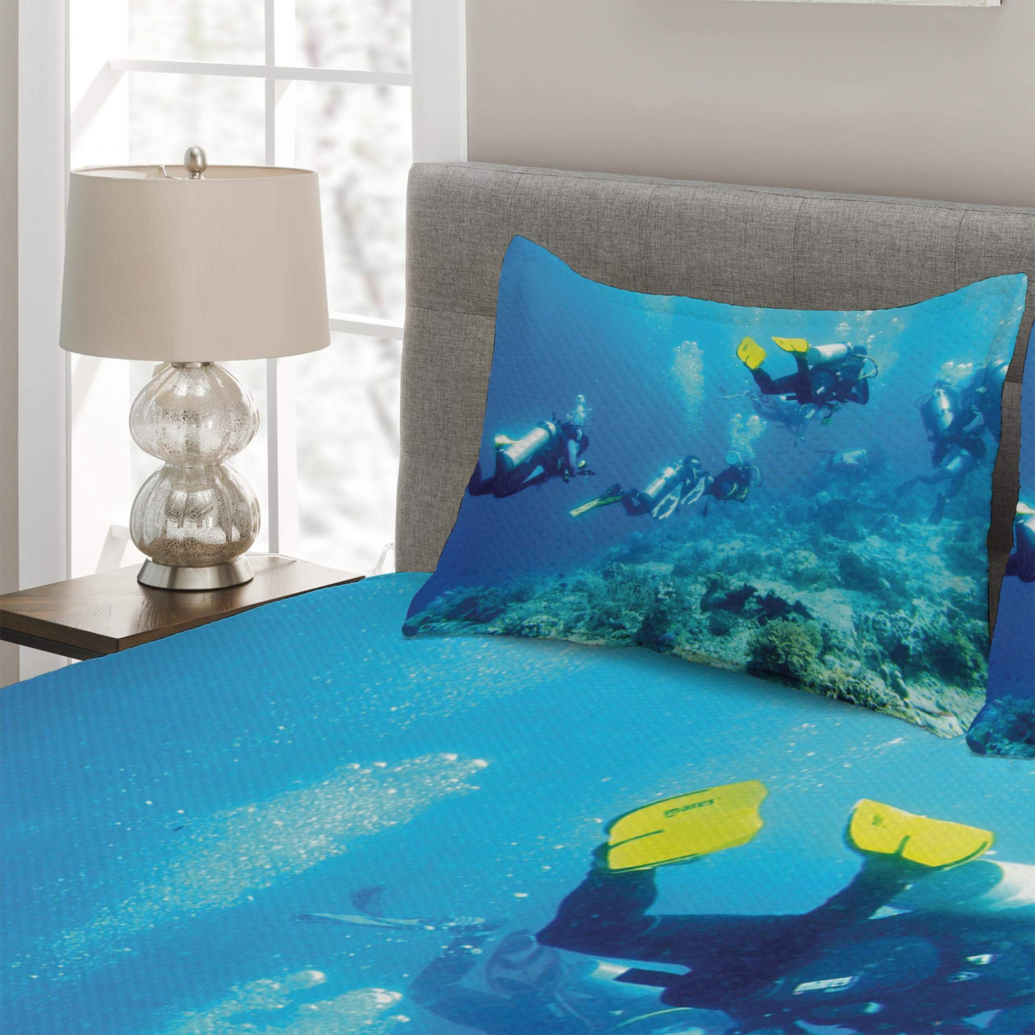 Lunarable Ocean Themed Quilt Set - King Size 3-Piece Bedspread with 2 Pillow Shams, Scuba Diver Design Featuring Underwater Stones, Fish & Bubbles in Sky Blue, Yellow & Blue - Perfect for Beach House Decor, Coastal Bedroom Theme or Ocean Lover's Retreat