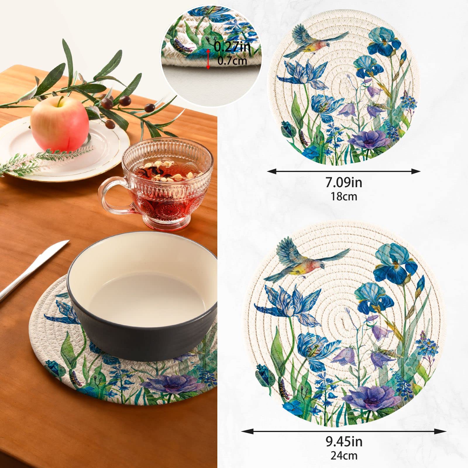 Summer Bird Floral Pot Holders & Trivets Set of 2 - Heat Resistant Cotton Woven Hot Pads for Pans, Bowls & Teapots - Spring Leaf Design Kitchen Decor for Dining Table & Countertop Protection