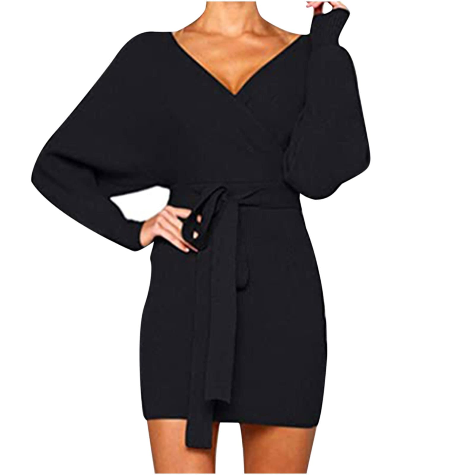 LONGZUVS Women's Sexy Wrap Mini Dress - V Neck Long Sleeve Lace Up Bodycon Dress for Casual, Beach & Party | Perfect for Date Night, Club Outfits & Summer Vacations