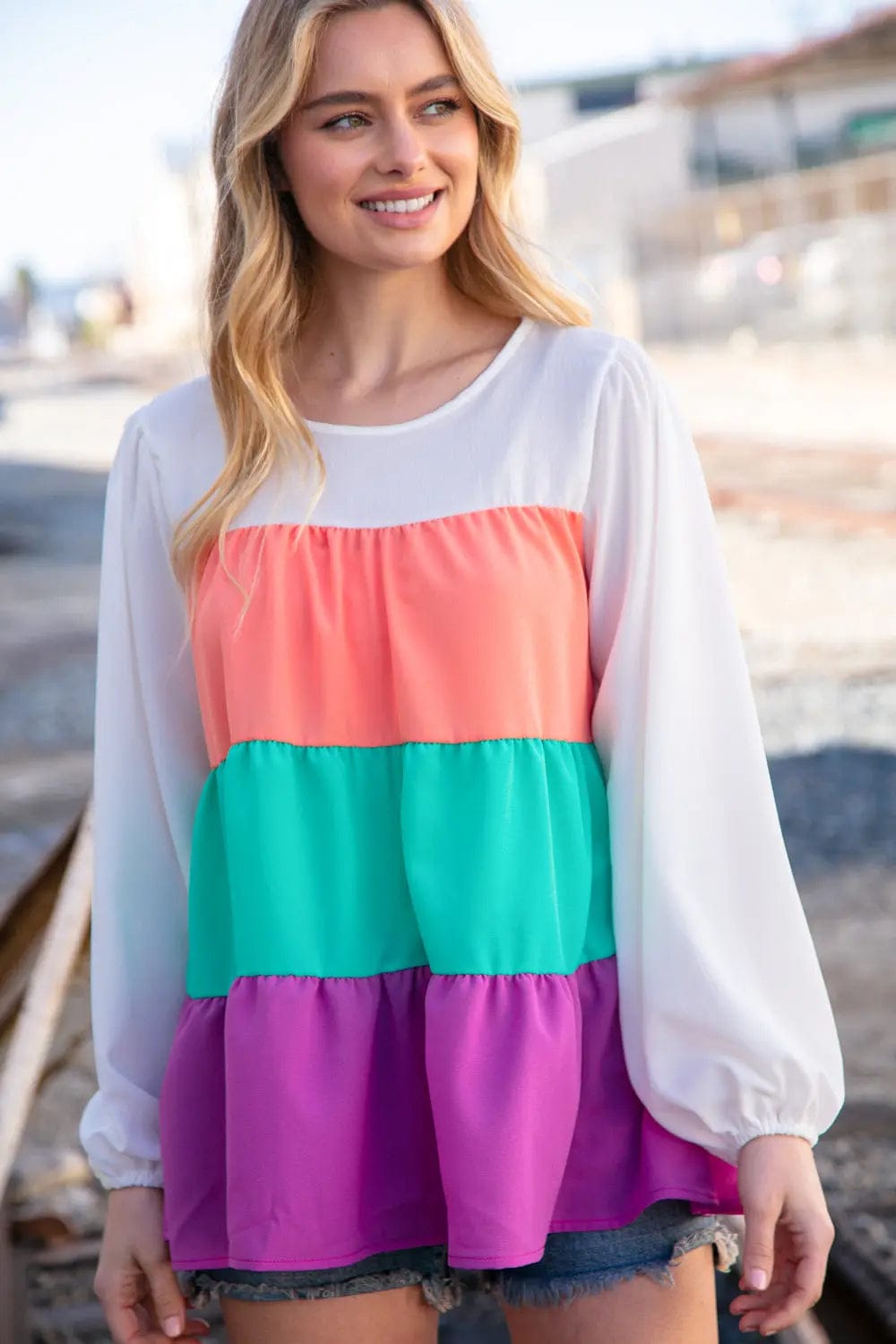 Ivory & Peach Woven Crepe Tiered Blouse for Women - Elegant Flowy Boho Top for Casual Outings & Date Nights